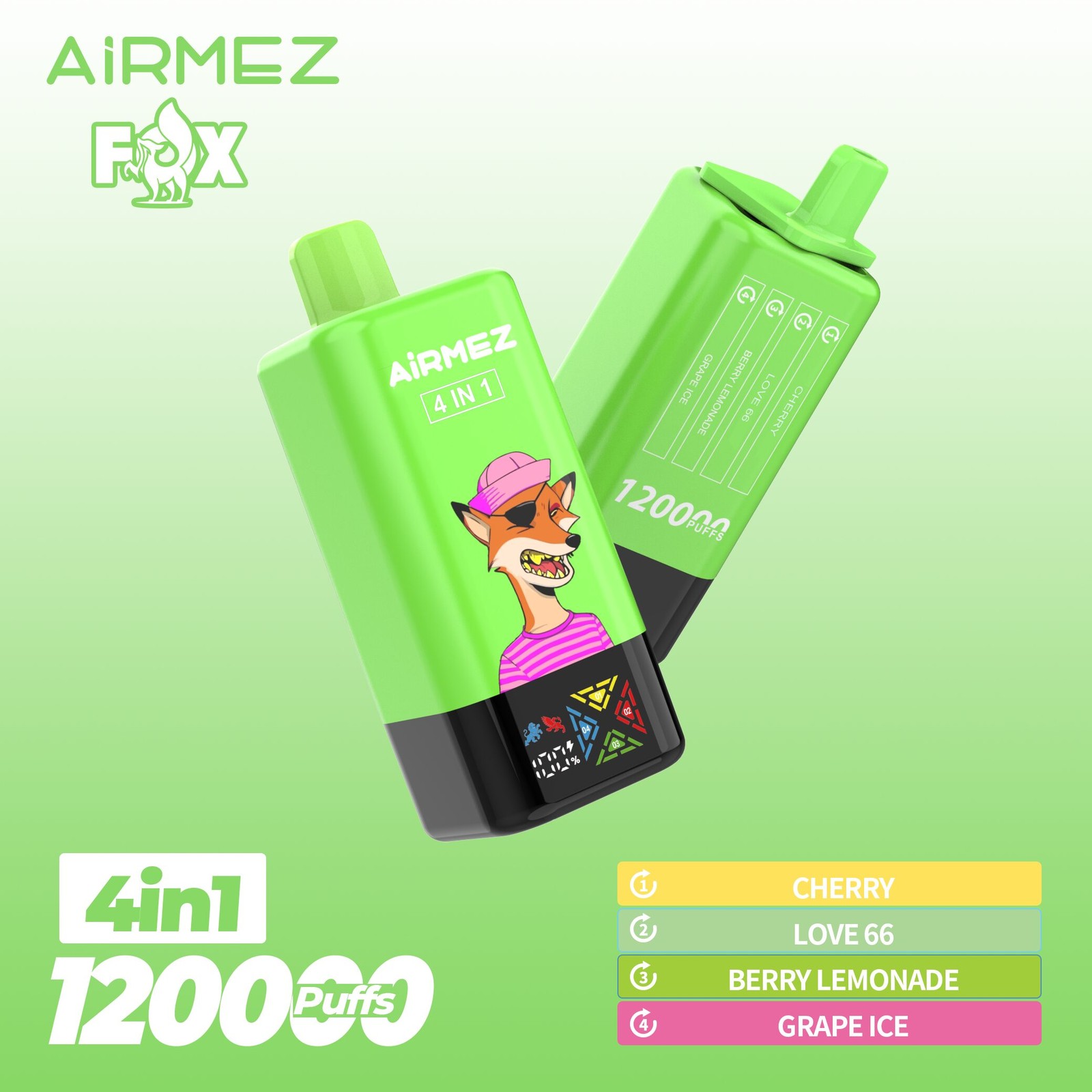 Airmez Fox 120K Puffs 4 in 1 Flavors Rechargeable LCD Display Disposable Vape EU Warehouse in Cherry & Love 66 & Berry Lemonade & Grape Ice flavor