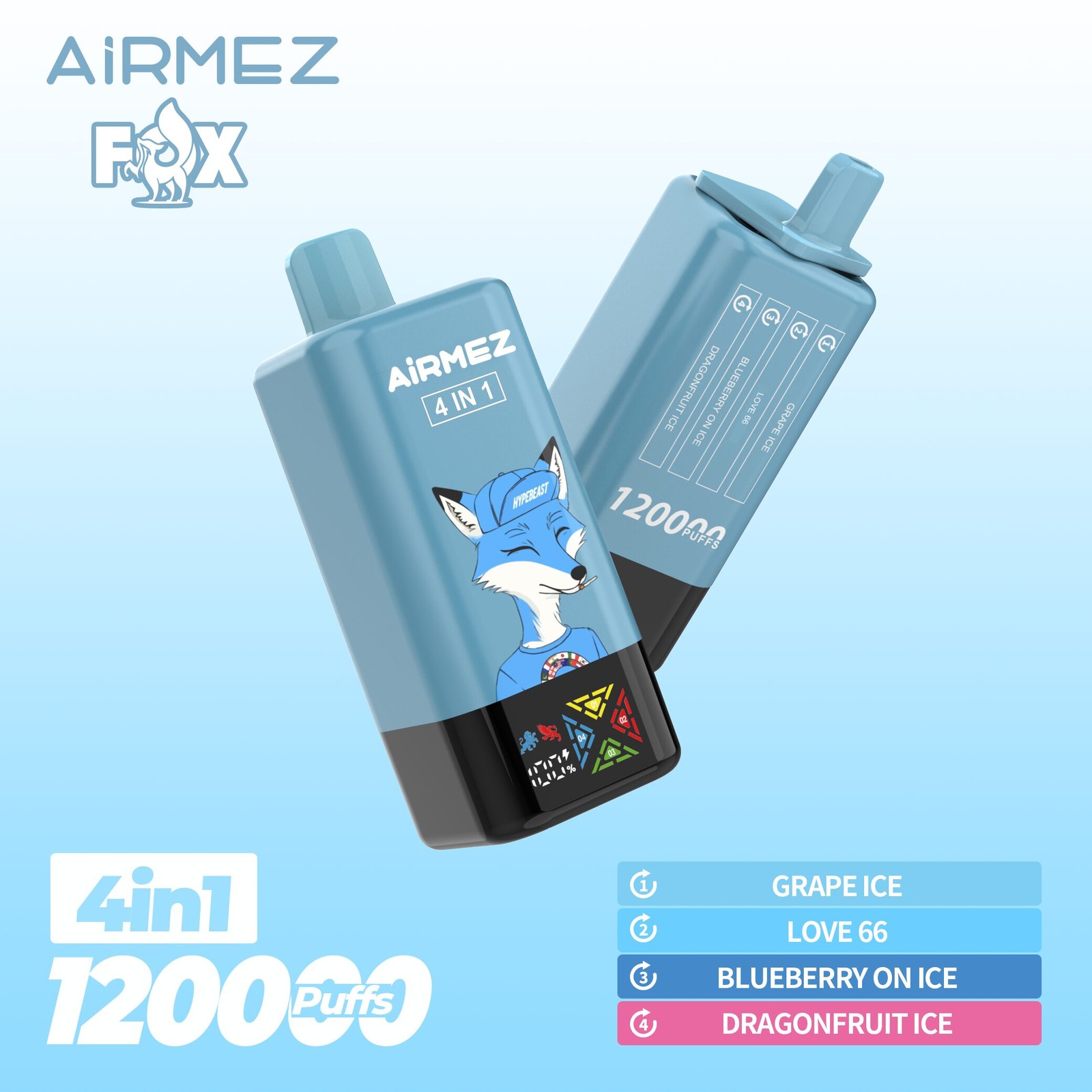 Airmez Fox 120K Puffs 4 in 1 Flavors Rechargeable LCD Display Disposable Vape EU Warehouse in Grape Ice & Love 66 & Blueberry On Ice & Dragonfruit Ice