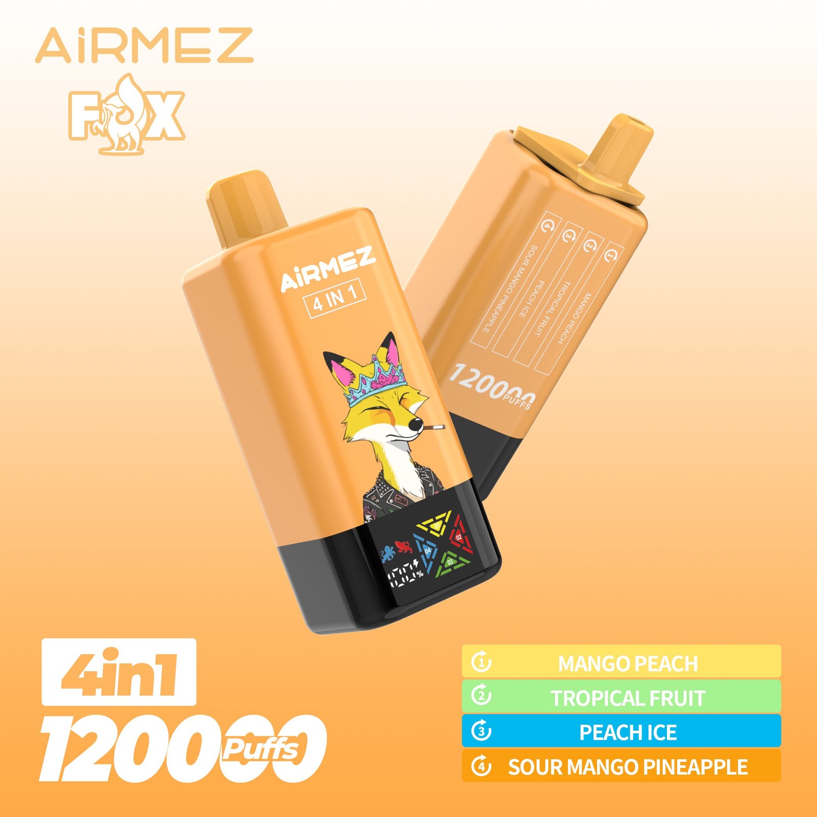 Airmez Fox 120K Puffs 4 in 1 Flavors Rechargeable LCD Display Disposable Vape EU Warehouse in Mango Peach & Tropical Fruit & Peach Ice & Sour Mango