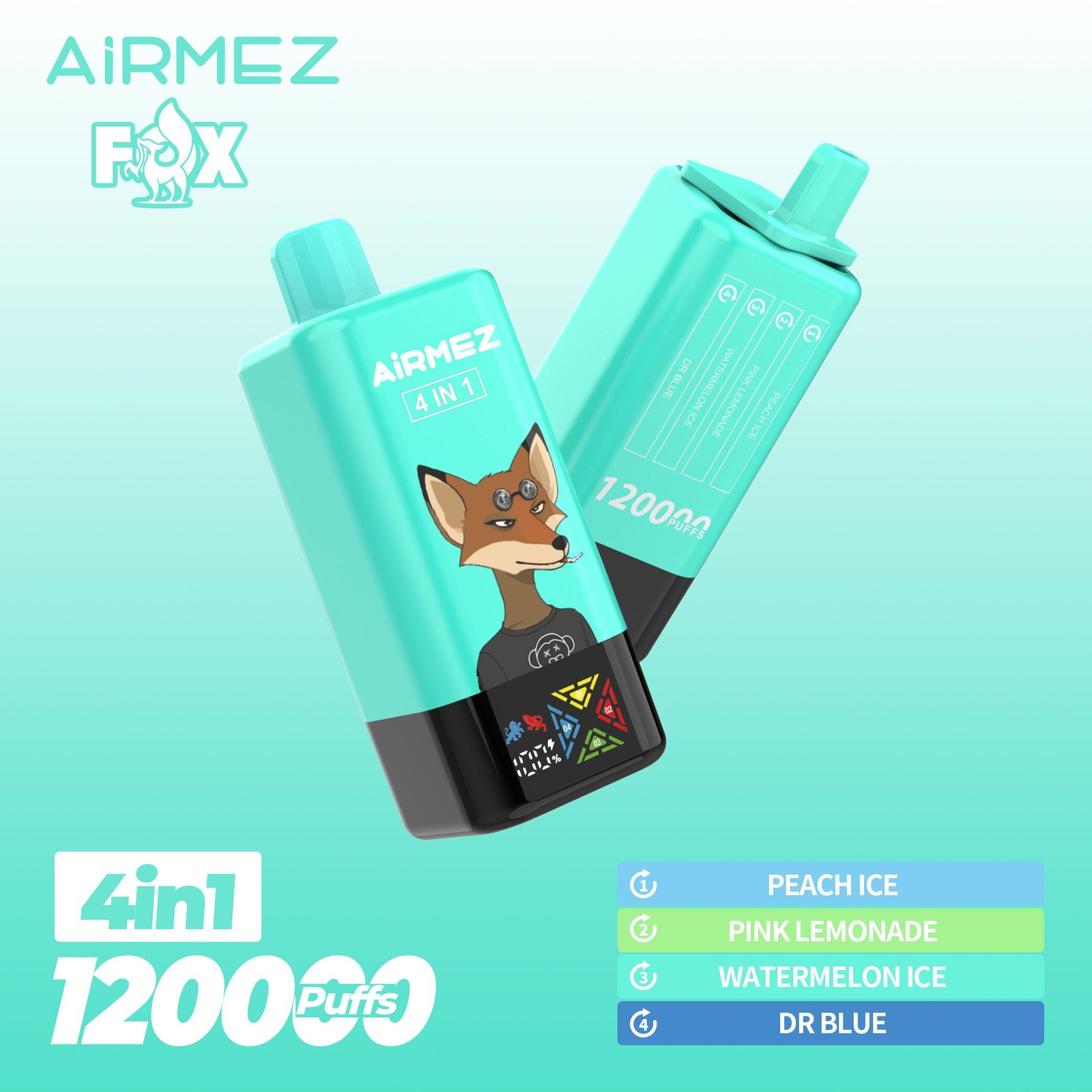 Airmez Fox 120K Puffs 4 in 1 Flavors Rechargeable LCD Display Disposable Vape EU Warehouse in Peach Ice & Pink Lemonade & Watermelon Ice & Dr Blue flavor