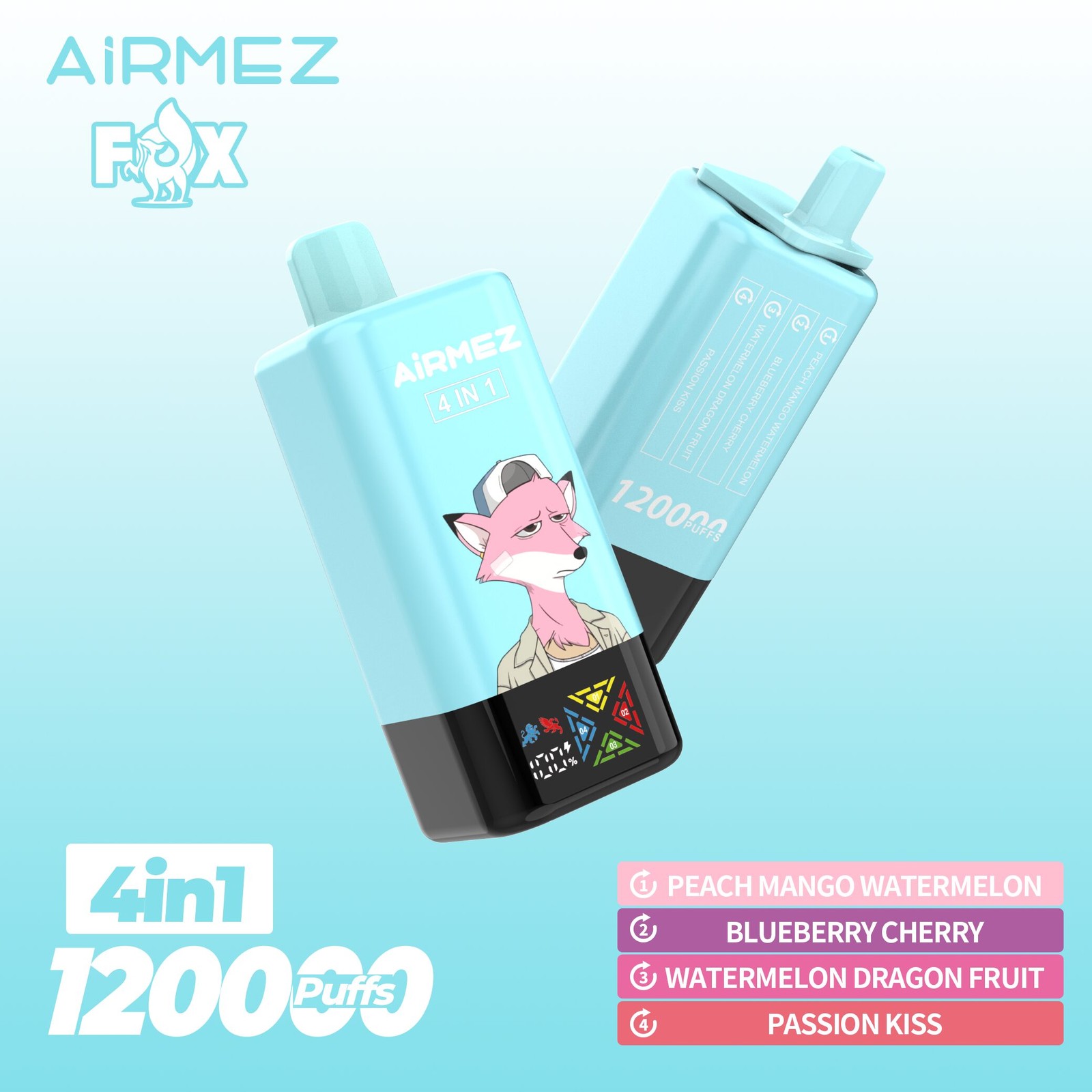 Airmez Fox 120K Puffs 4 in 1 Flavors Rechargeable LCD Display Disposable Vape EU Warehouse product detail image