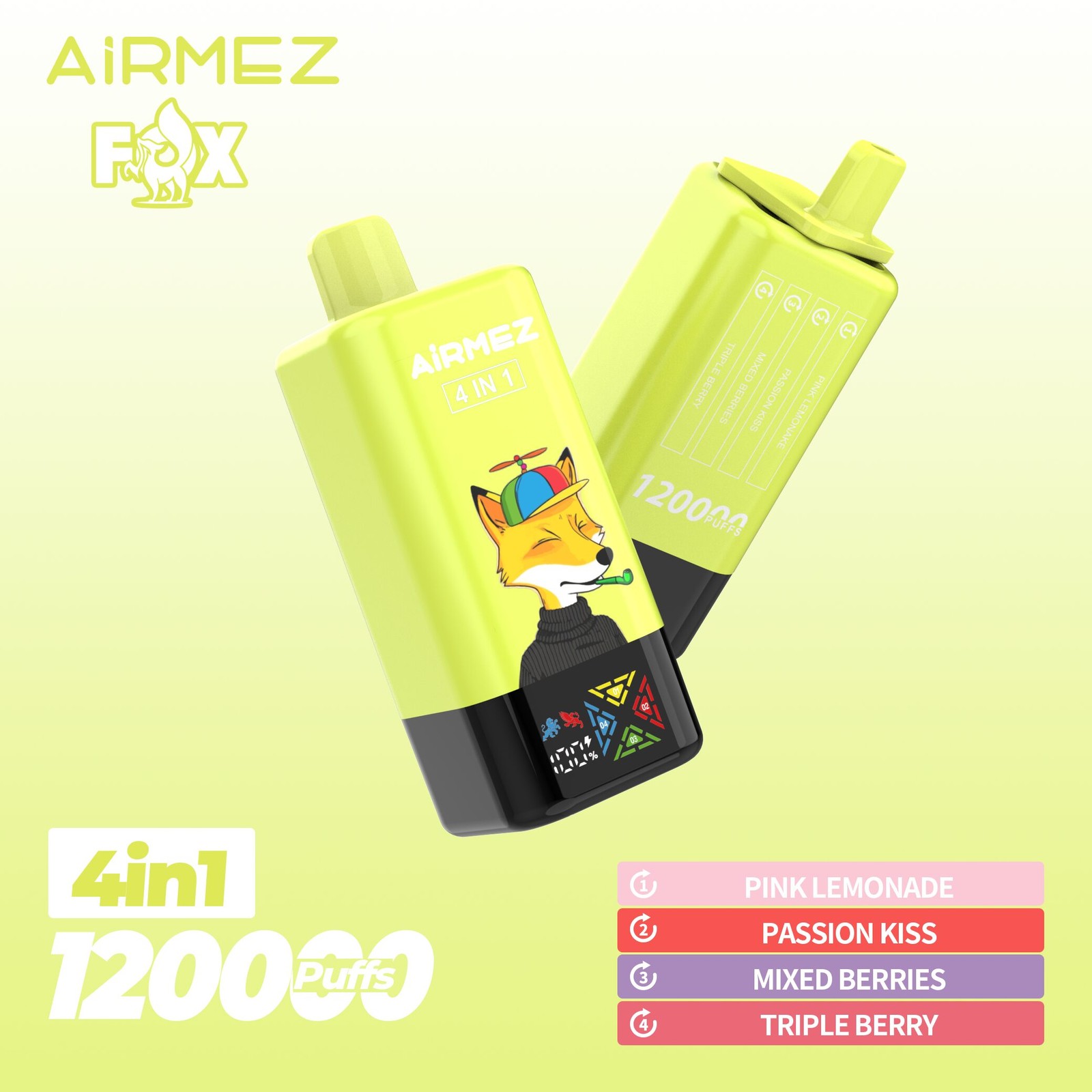 Airmez Fox 120K Puffs 4 in 1 Flavors Rechargeable LCD Display Disposable Vape EU Warehouse in Pink Lemonade & Passion Kiss & Mixed Berries & Triple Berry