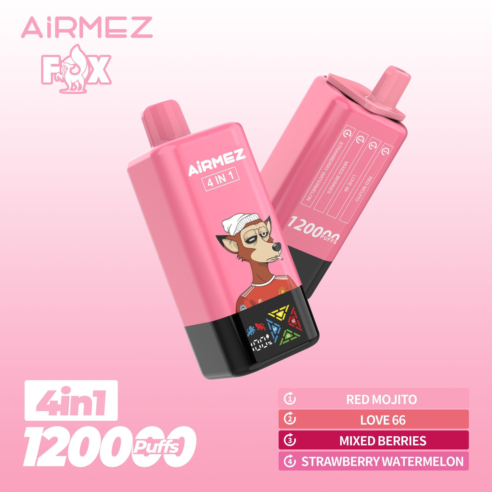 Airmez Fox 120K Puffs 4 in 1 Flavors Rechargeable LCD Display Disposable Vape EU Warehouse in Red Mojito & Love 66 & Mixed Berries & Strawberry Watermelon