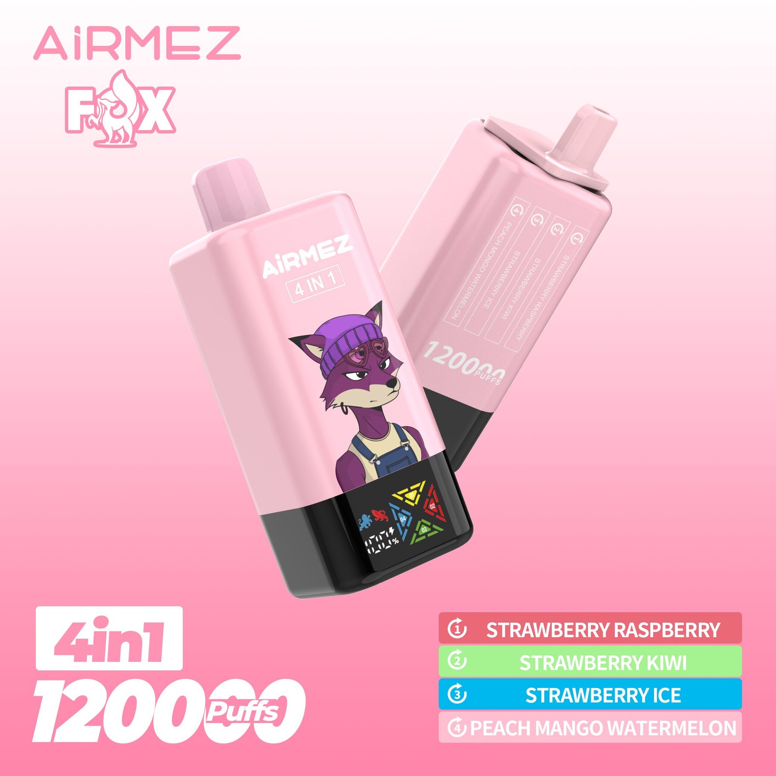 Airmez Fox 120K Puffs 4 in 1 Flavors Rechargeable LCD Display Disposable Vape EU Warehouse in Strawberry Raspberry & Strawberry Kiwi & Strawberry Ice &