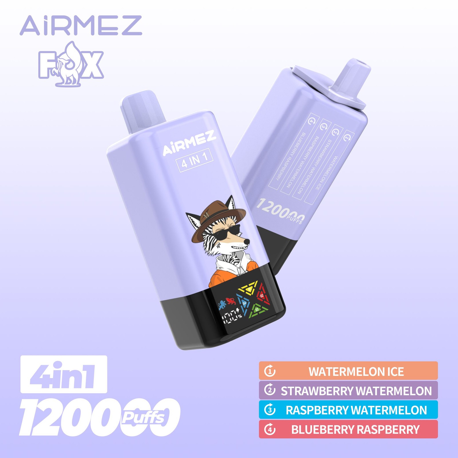 Airmez Fox 120K Puffs 4 in 1 Flavors Rechargeable LCD Display Disposable Vape EU Warehouse in watermelon ice strawberry watermelon raspberry watermelon