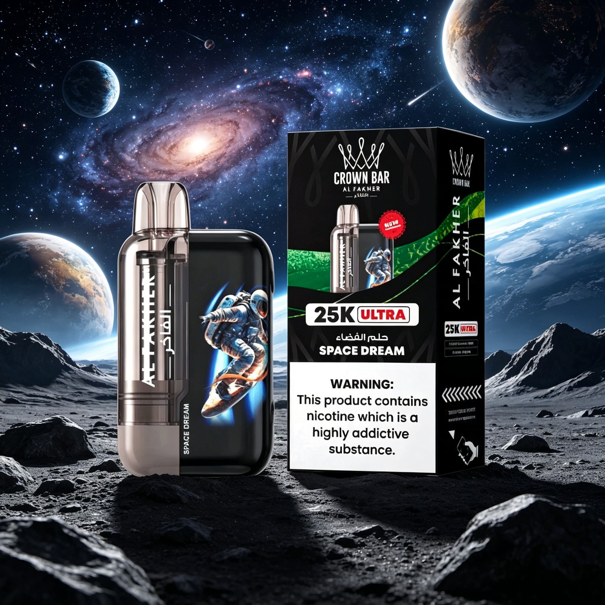 AL Fakher Crown Bar Ultra 25K 25000 Puffs Dual Mode Rechargeable LED Display in al fakher crown bar ultra 25k space dream flavor