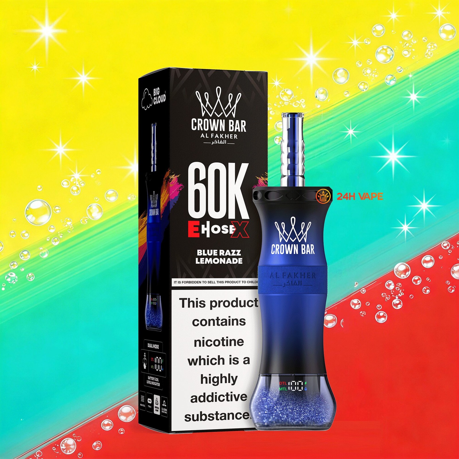 Al Fakher Crown Bar E-Hose X 60k 60000 Puffs Dual Mode LCD Display Disposable EU Warehouse in Blue Razz Lemonade flavor