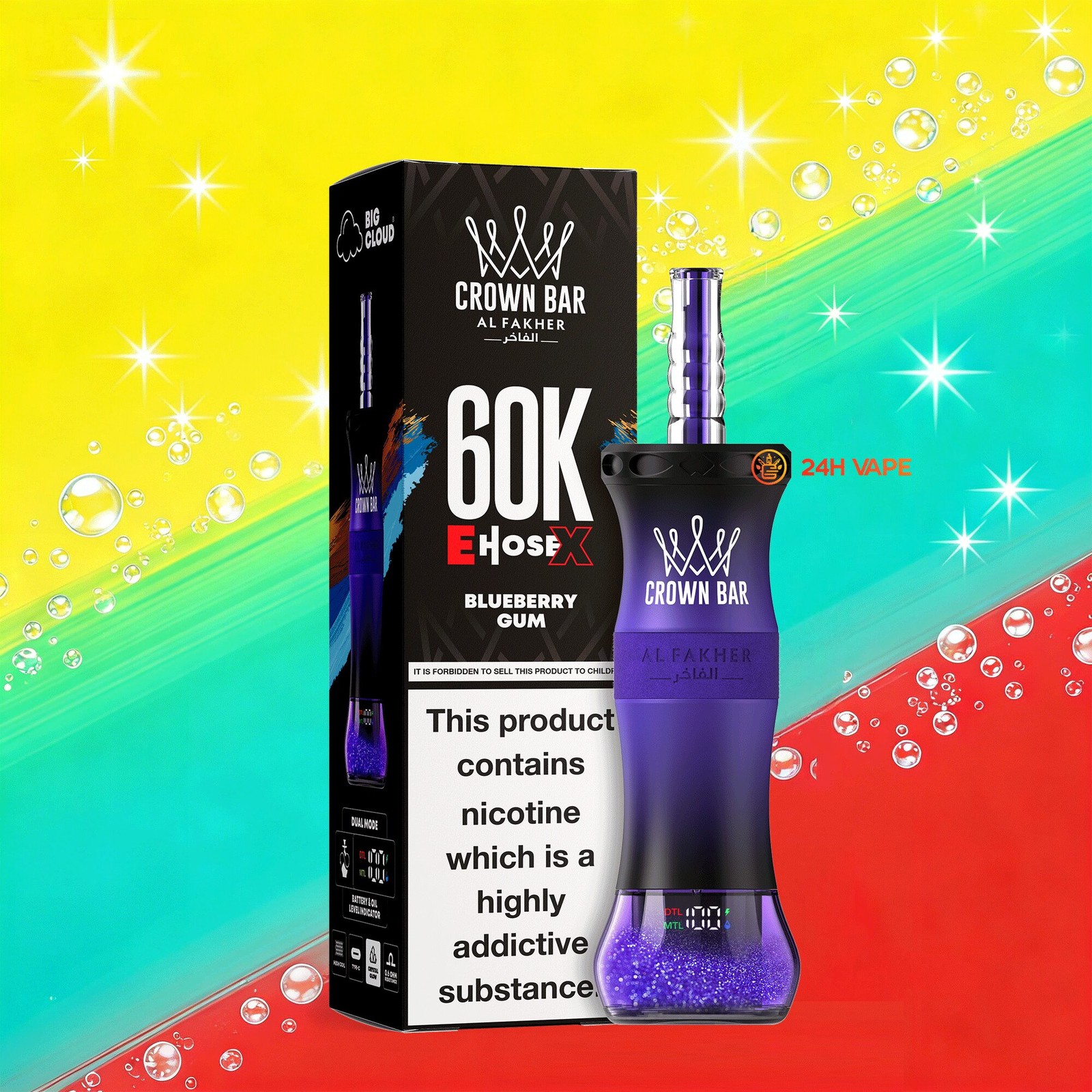 Al Fakher Crown Bar E-Hose X 60k 60000 Puffs Dual Mode LCD Display Disposable EU Warehouse in Blueberry Gum flavor