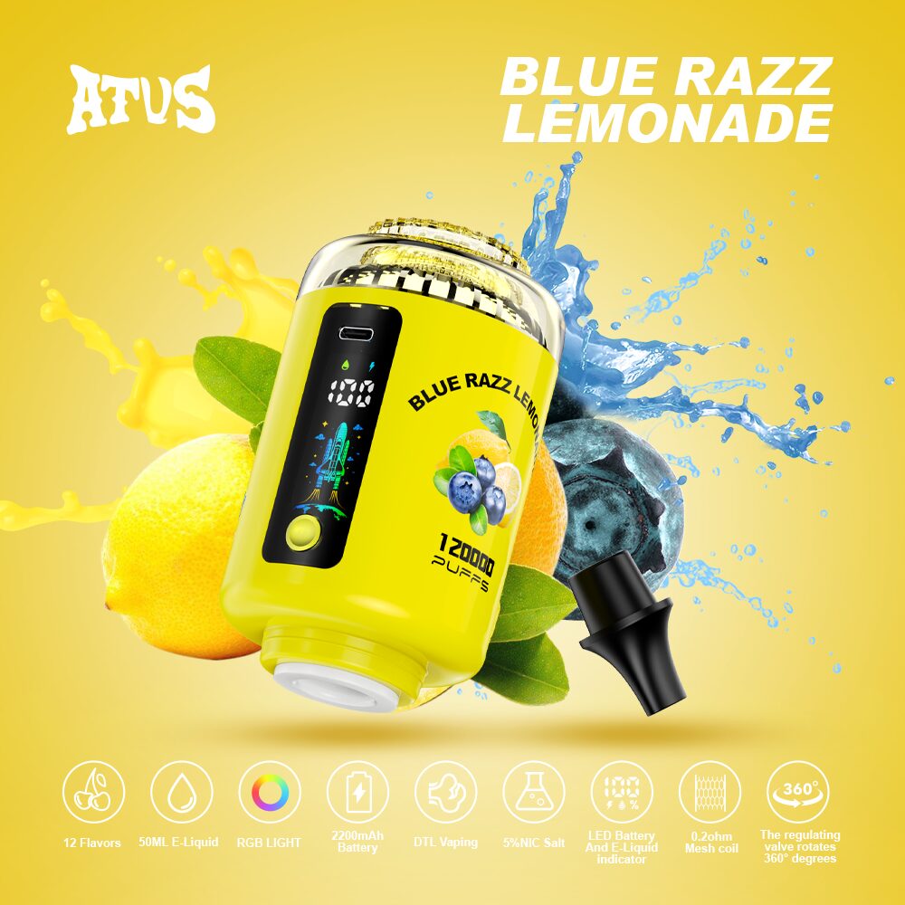 ATVS 120000 120K Puffs Hookah Head LED Display DTL Disposable Vape in Blue Razz Lemonade flavor