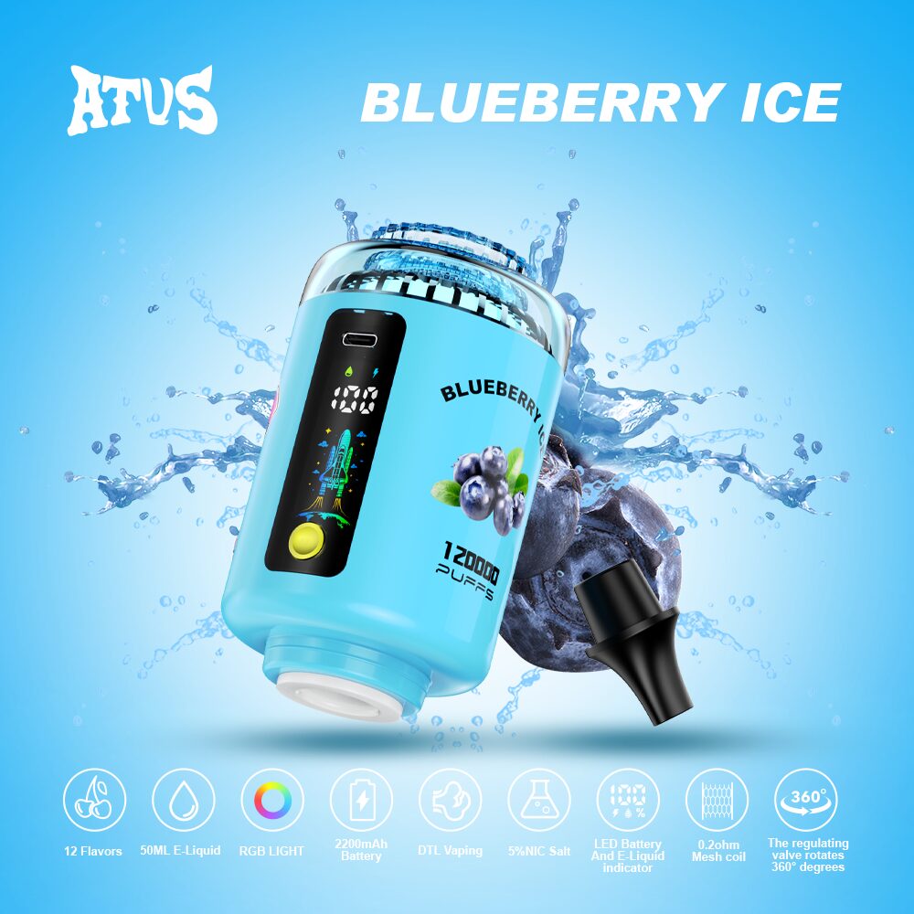 ATVS 120000 120K Puffs Hookah Head LED Display DTL Disposable Vape in Blueberry Ice flavor