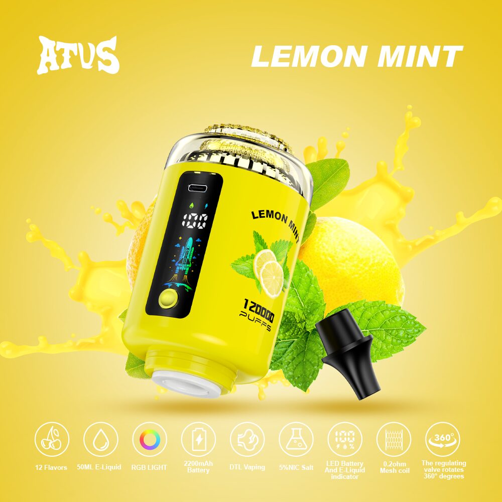 ATVS 120000 120K Puffs Hookah Head LED Display DTL Disposable Vape in Lemon Mint flavor