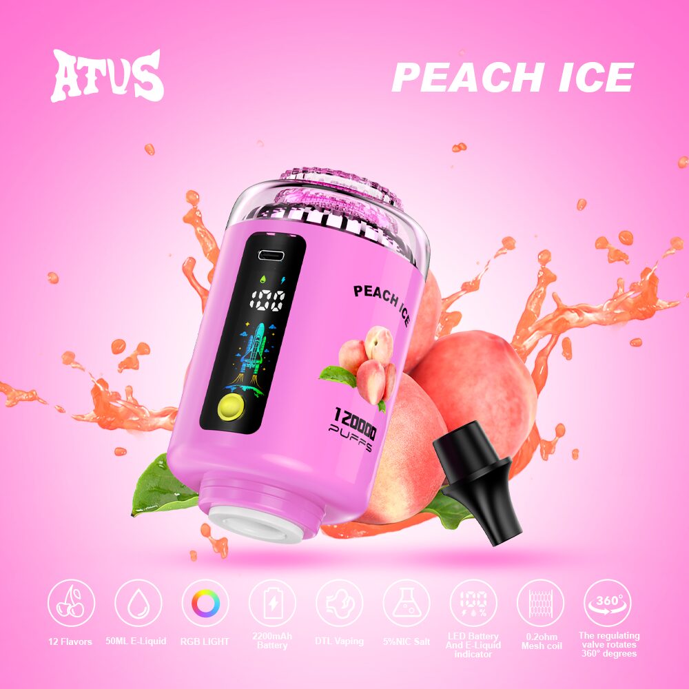 ATVS 120000 120K Puffs Hookah Head LED Display DTL Disposable Vape in Peach Ice flavor