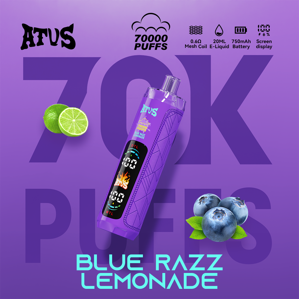 ATVS 70000 70K Puffs DTL/MTL Modes LED Display Disposable DTL in Blue Razz Lemonade flavor