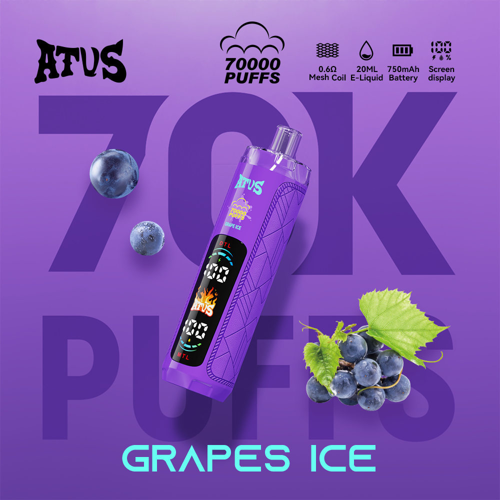 ATVS 70000 70K Puffs DTL/MTL Modes LED Display Disposable DTL in Grape Ice flavor