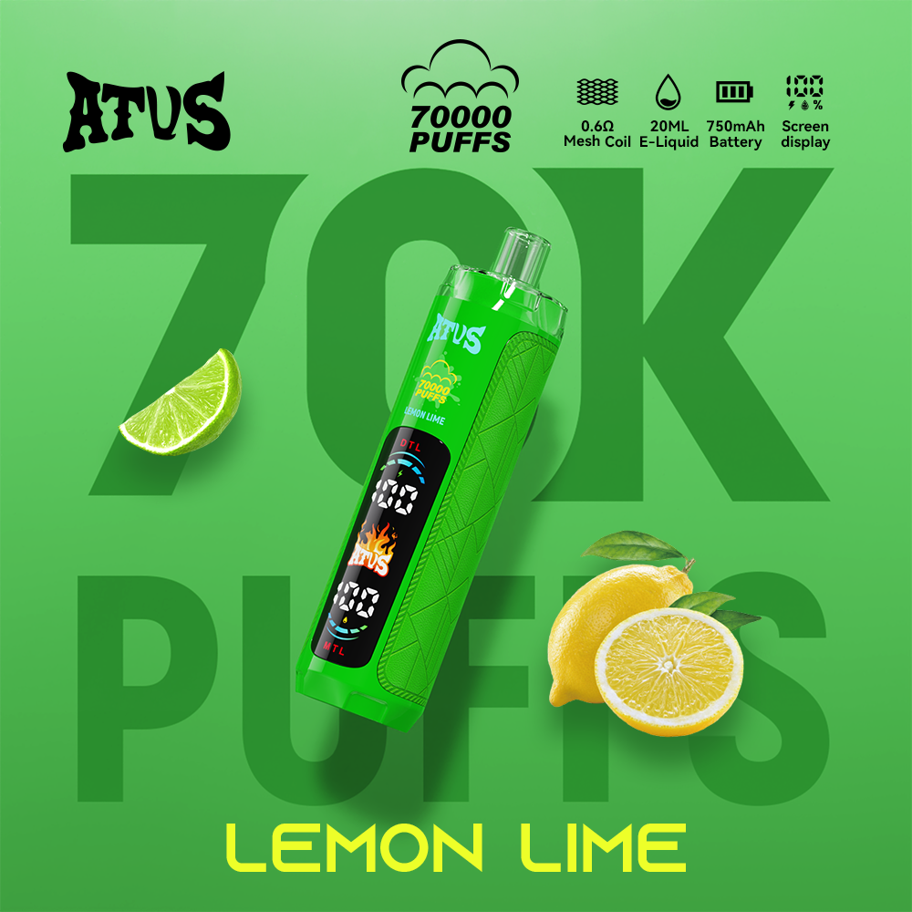 ATVS 70000 70K Puffs DTL/MTL Modes LED Display Disposable DTL in Lemon Lime flavor