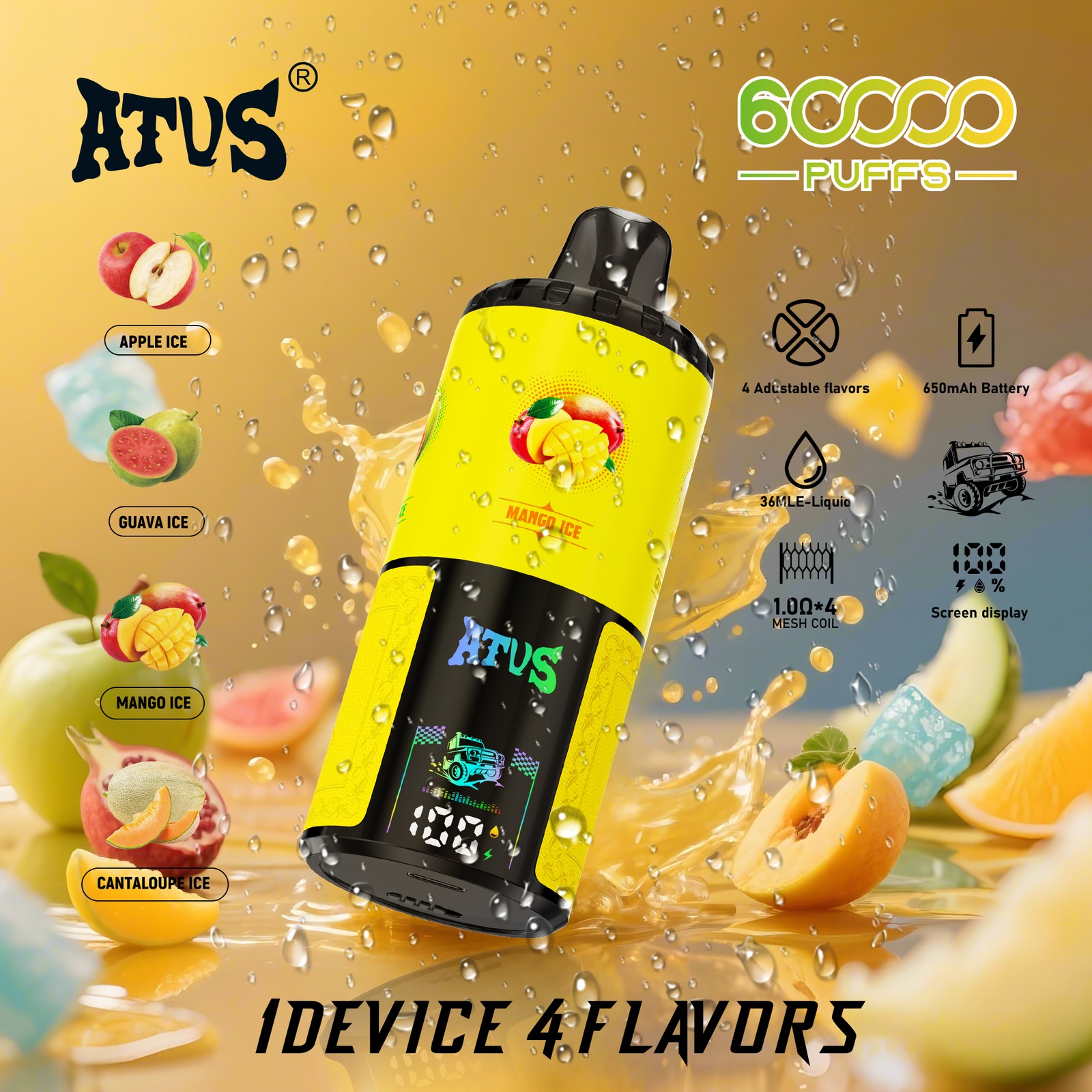 ATVS Warship 60000 60K Puffs 4 in 1 Flavors Rechargeable LCD Display Disposable Vape in Apple Ice & Guava Ice & Mango Ice & Cantaloupe Ice flavor