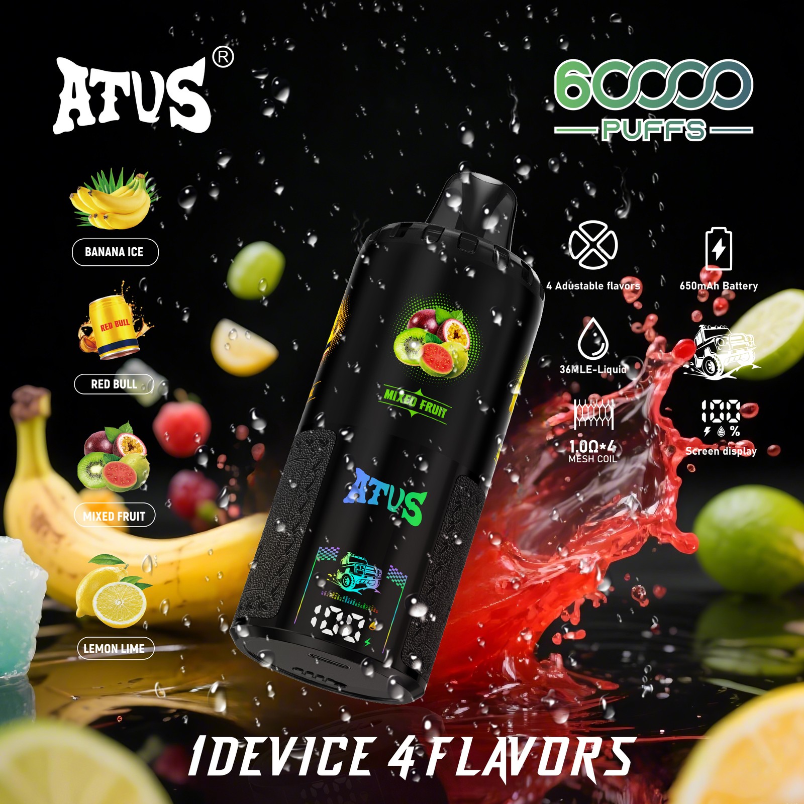 ATVS Warship 60000 60K Puffs 4 in 1 Flavors Rechargeable LCD Display Disposable Vape in Banana Ice & Red Bull & Mixed Fruit & Lemon Lime flavor