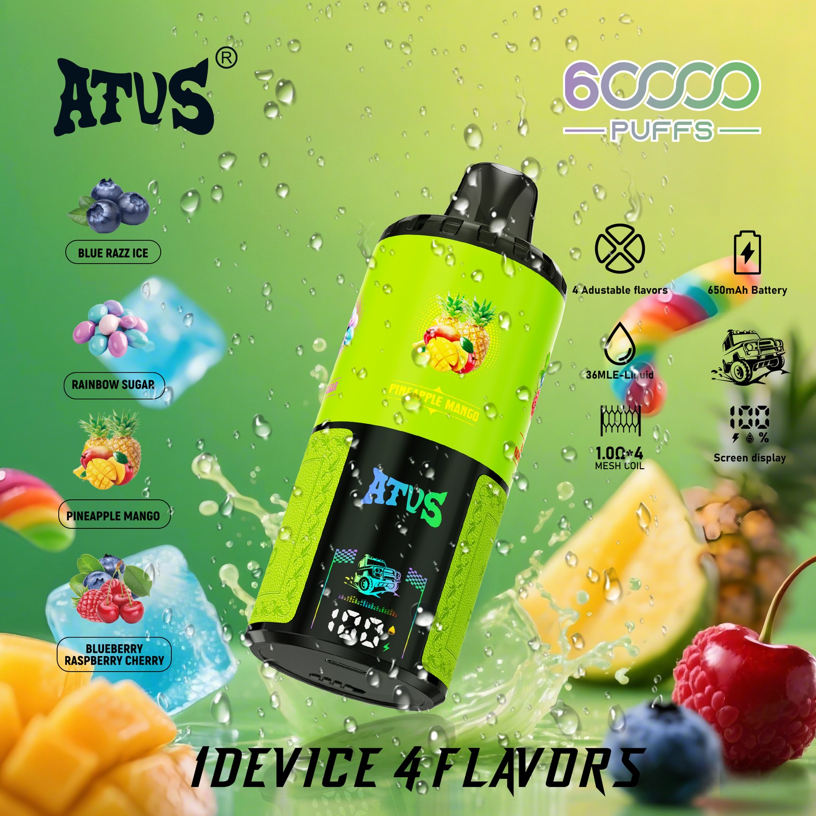 ATVS Warship 60000 60K Puffs 4 in 1 Flavors Rechargeable LCD Display Disposable Vape in Blue Razz Ice & Rainbow Sugar & Pineapple Mango & Blueberry
