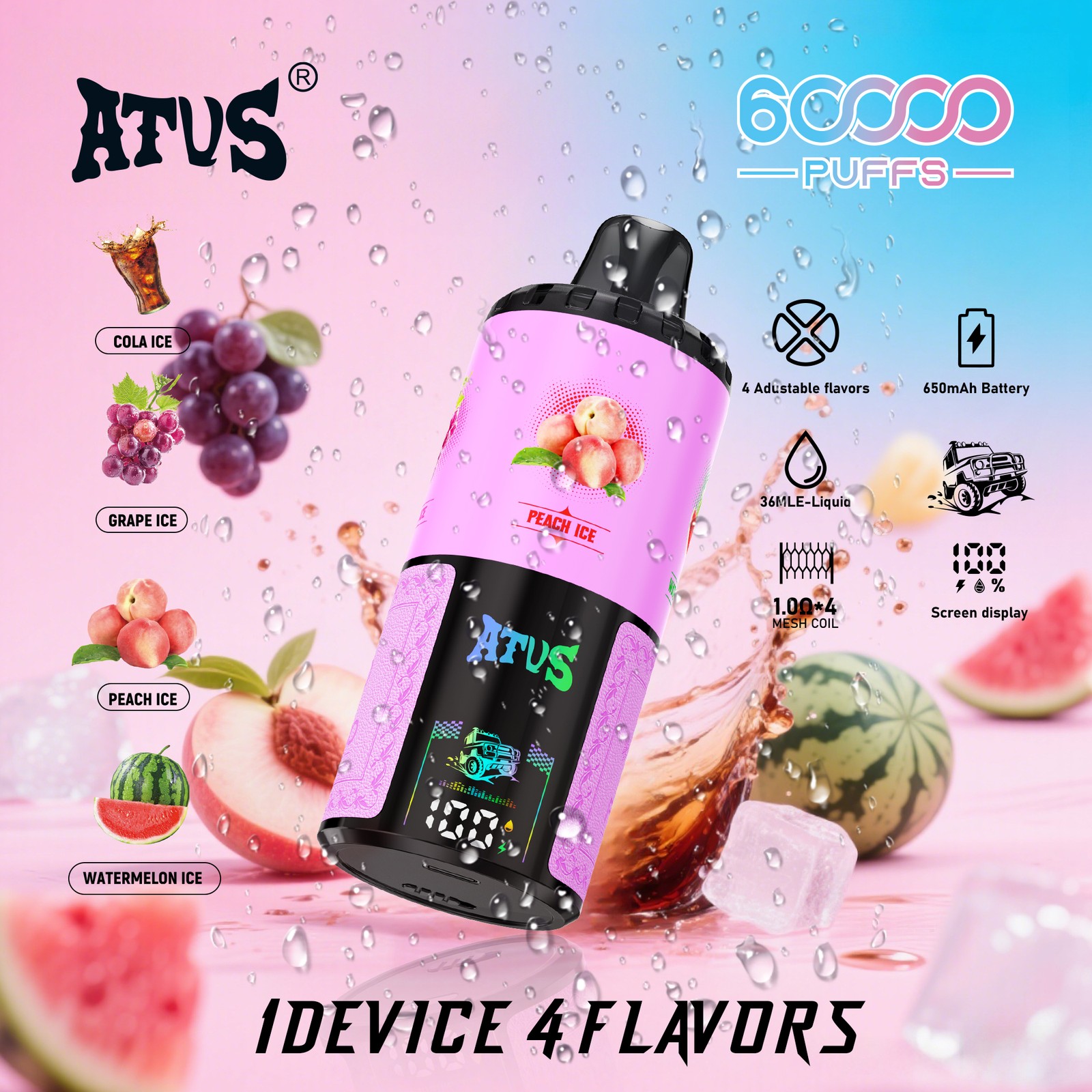 ATVS Warship 60000 60K Puffs 4 in 1 Flavors Rechargeable LCD Display Disposable Vape in Cola Ice & Grape Ice & Peach Ice & Watermelon Ice flavor