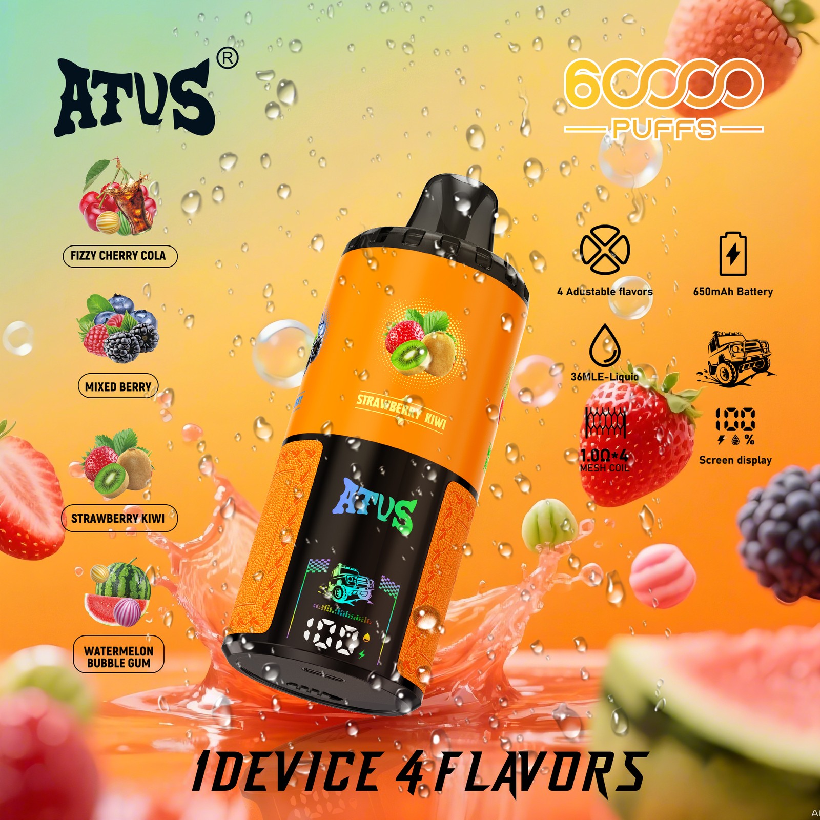 ATVS Warship 60000 60K Puffs 4 in 1 Flavors Rechargeable LCD Display Disposable Vape in Fizzy Cherry Cola & Mixed Berry & Strawberry Kiwi & Watermelon