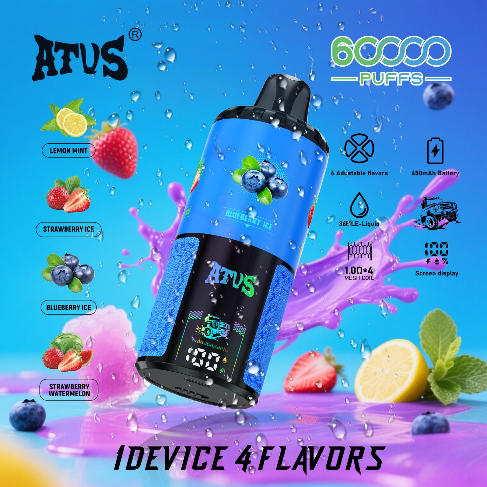 ATVS Warship 60000 60K Puffs 4 in 1 Flavors Rechargeable LCD Display Disposable Vape in Lemon Mint & Strawberry Ice & Blueberry Ice & Strawberry