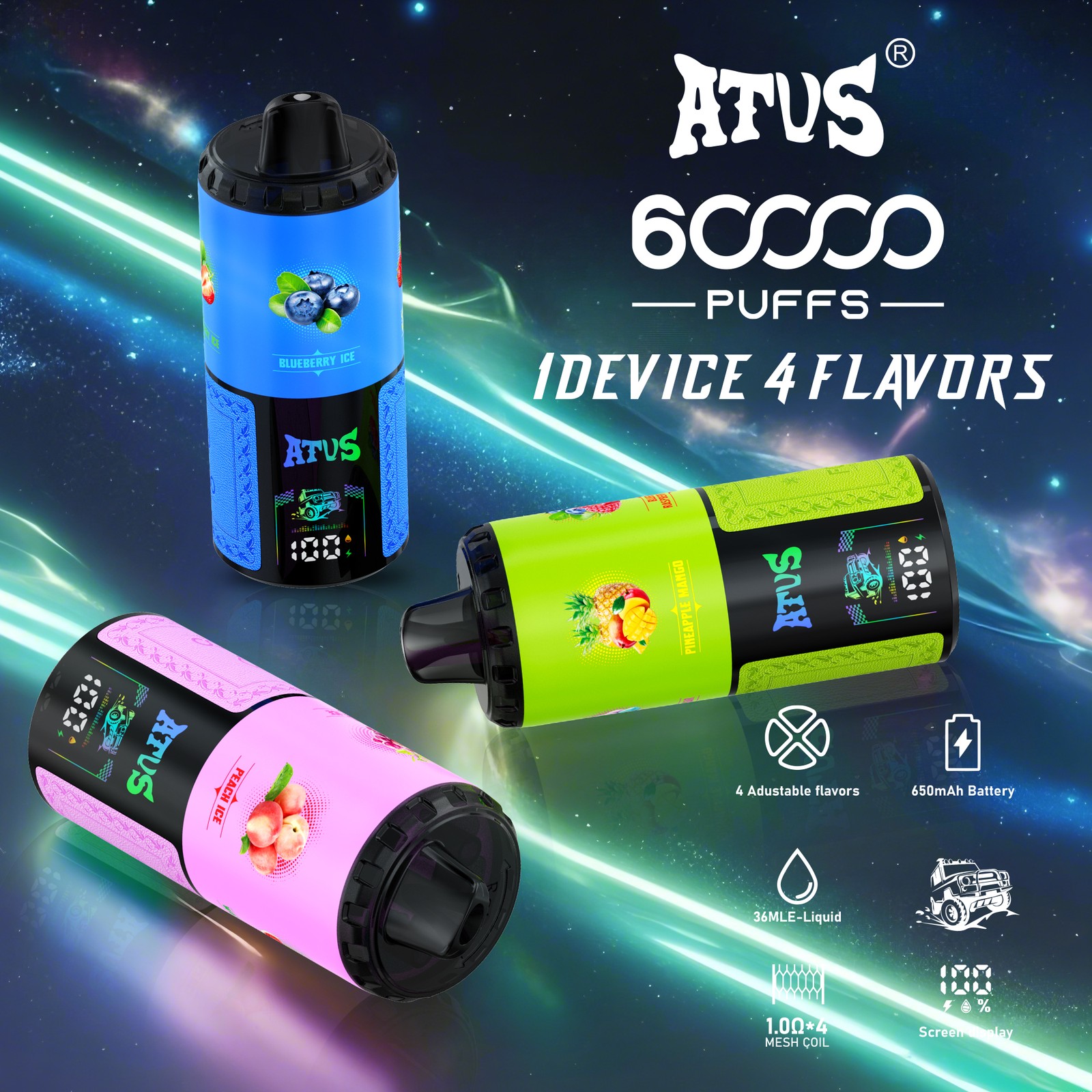 ATVS Warship 60000 60K Puffs 4 in 1 Flavors Rechargeable LCD Display Disposable Vape product image
