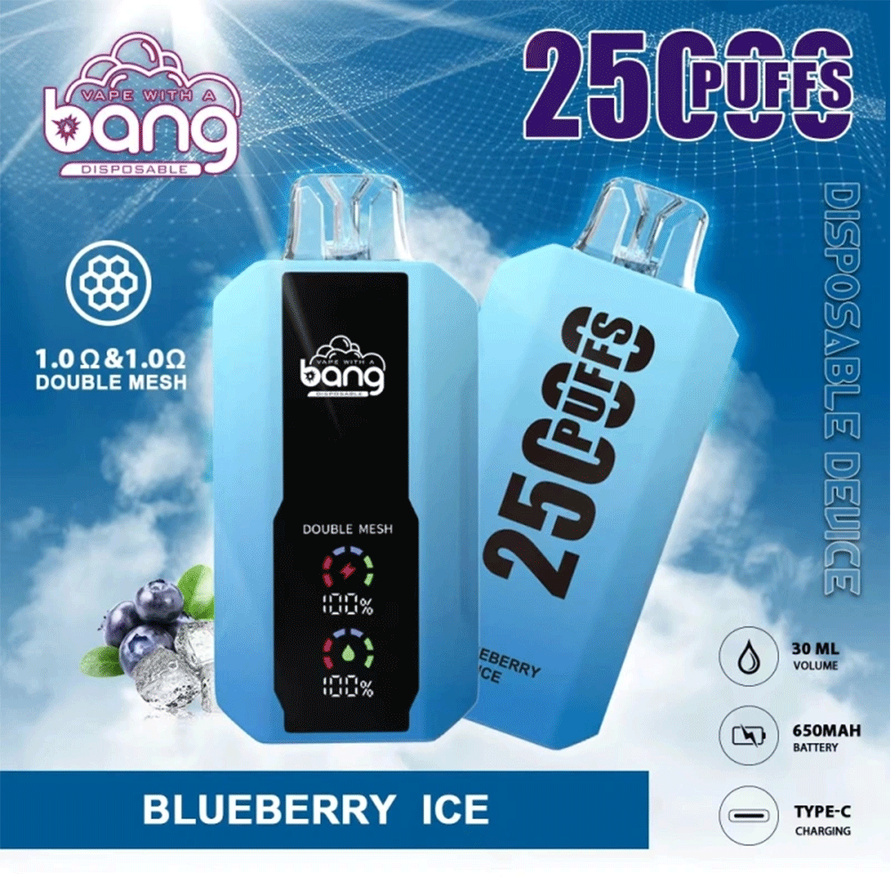 Bang 25000 25k Puffs 0% 2% 3% 5% Nicotine New LED Display Vape Pod in Blueberry Ice flavor