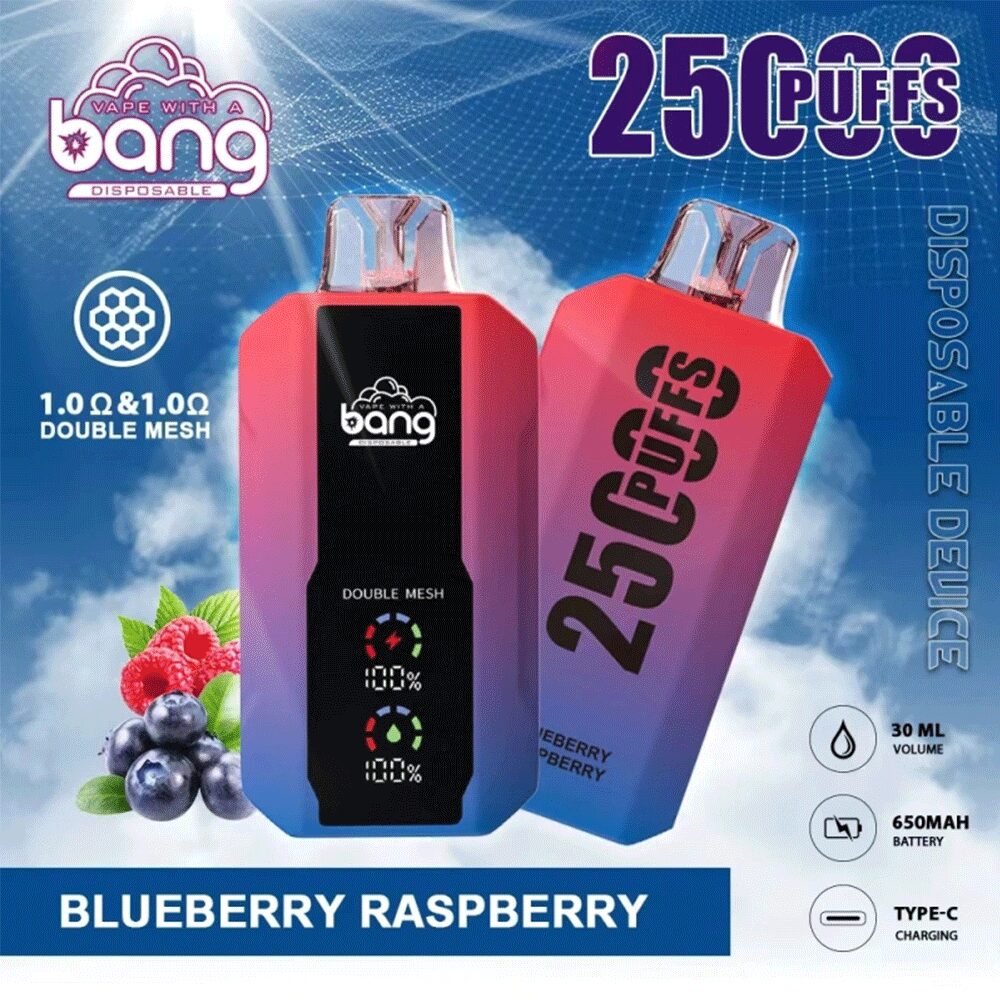 Bang 25000 25k Puffs 0% 2% 3% 5% Nicotine New LED Display Vape Pod in Blueberry Raspberry flavor