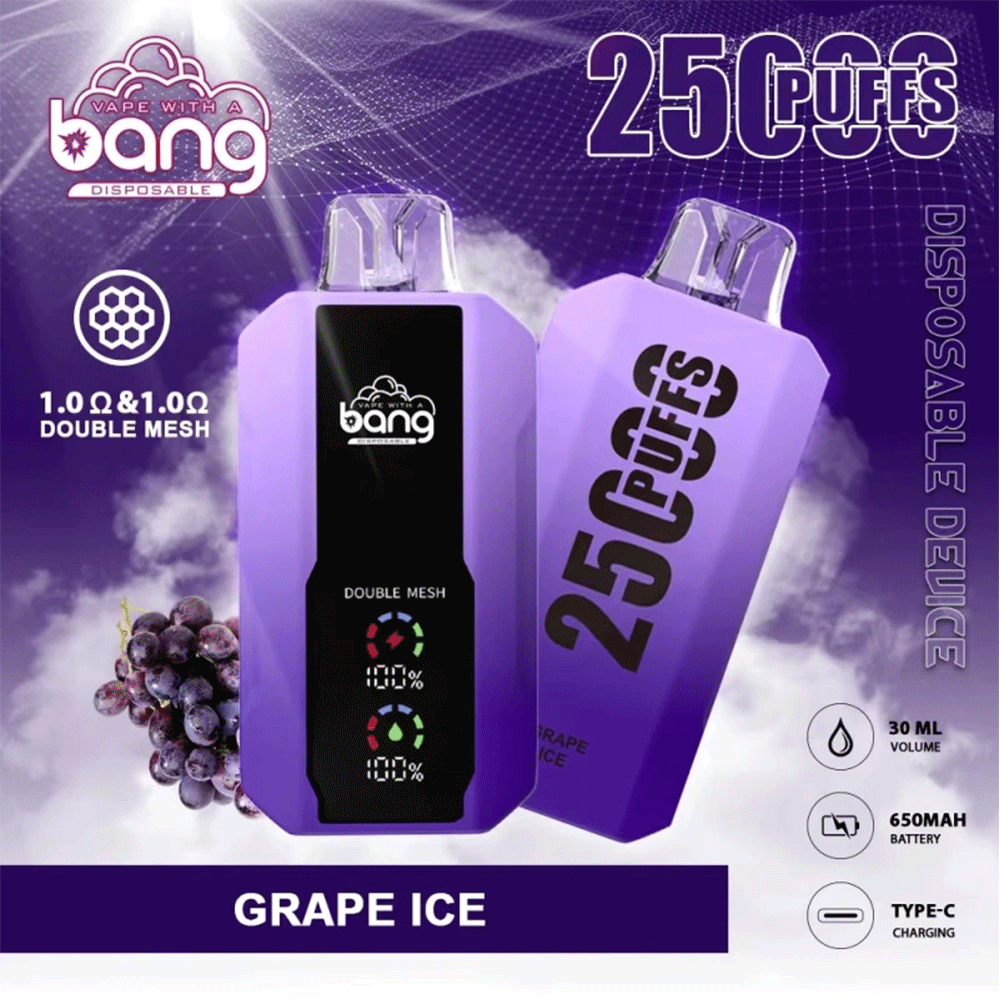 Bang 25000 25k Puffs 0% 2% 3% 5% Nicotine New LED Display Vape Pod in Grape Ice flavor
