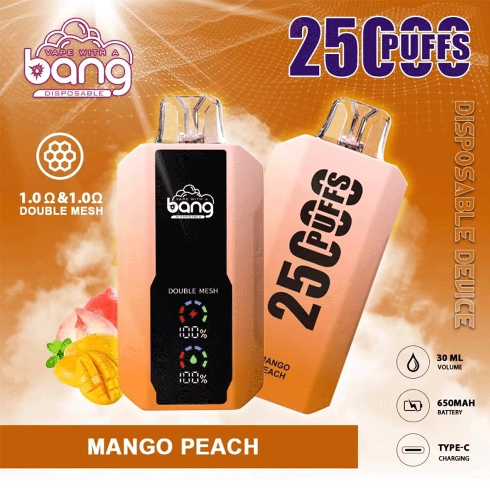 Bang 25000 25k Puffs 0% 2% 3% 5% Nicotine New LED Display Vape Pod in Mango Peach flavor