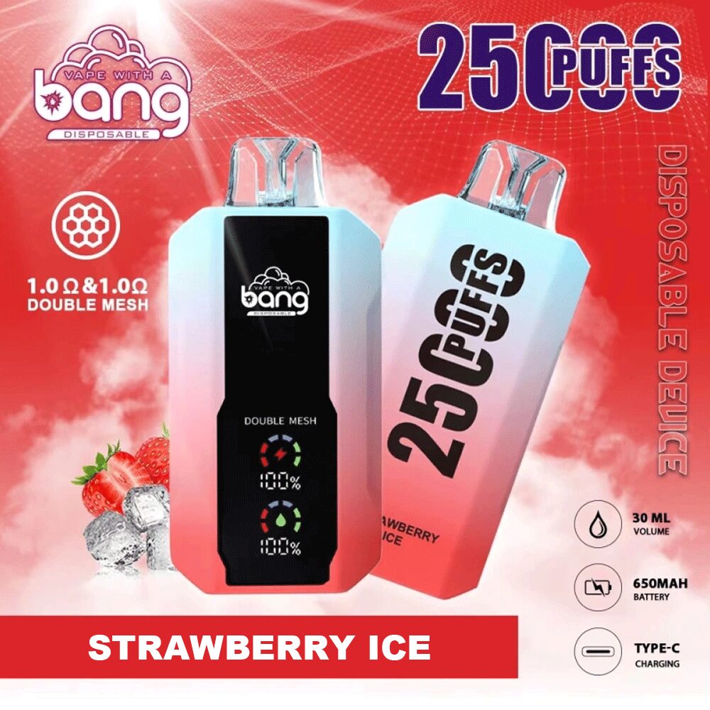 Bang 25000 25k Puffs 0% 2% 3% 5% Nicotine New LED Display Vape Pod in Strawberry Ice flavor