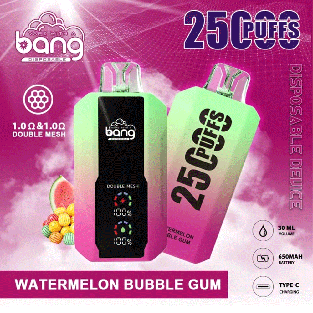 Bang 25000 25k Puffs 0% 2% 3% 5% Nicotine New LED Display Vape Pod in Watermelon Bubble Gum flavor