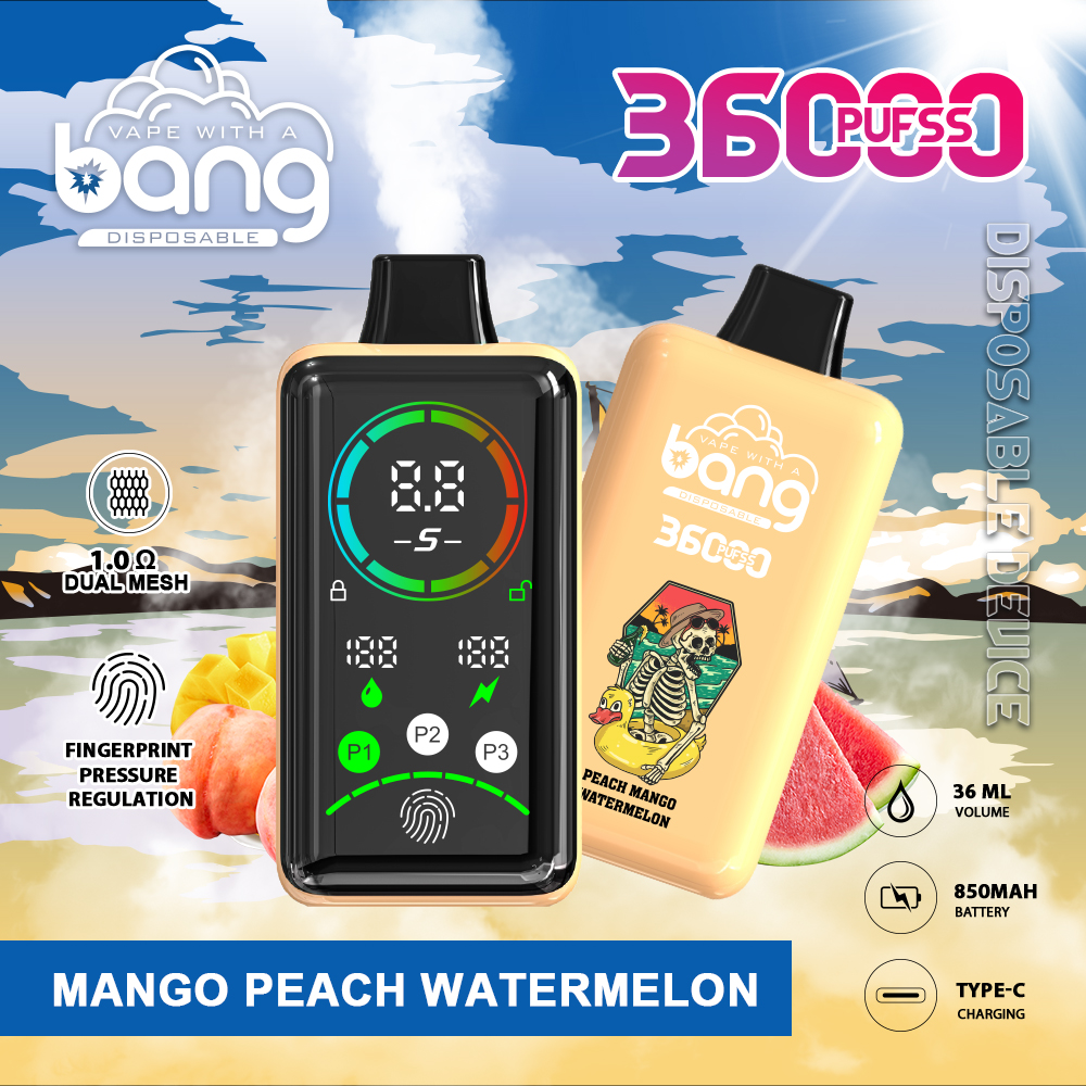 Bang 36000 Power Advanced Fingerprint Power Regulation 36K Puffs Disposable Vape in Peach Mango Watermelon flavor