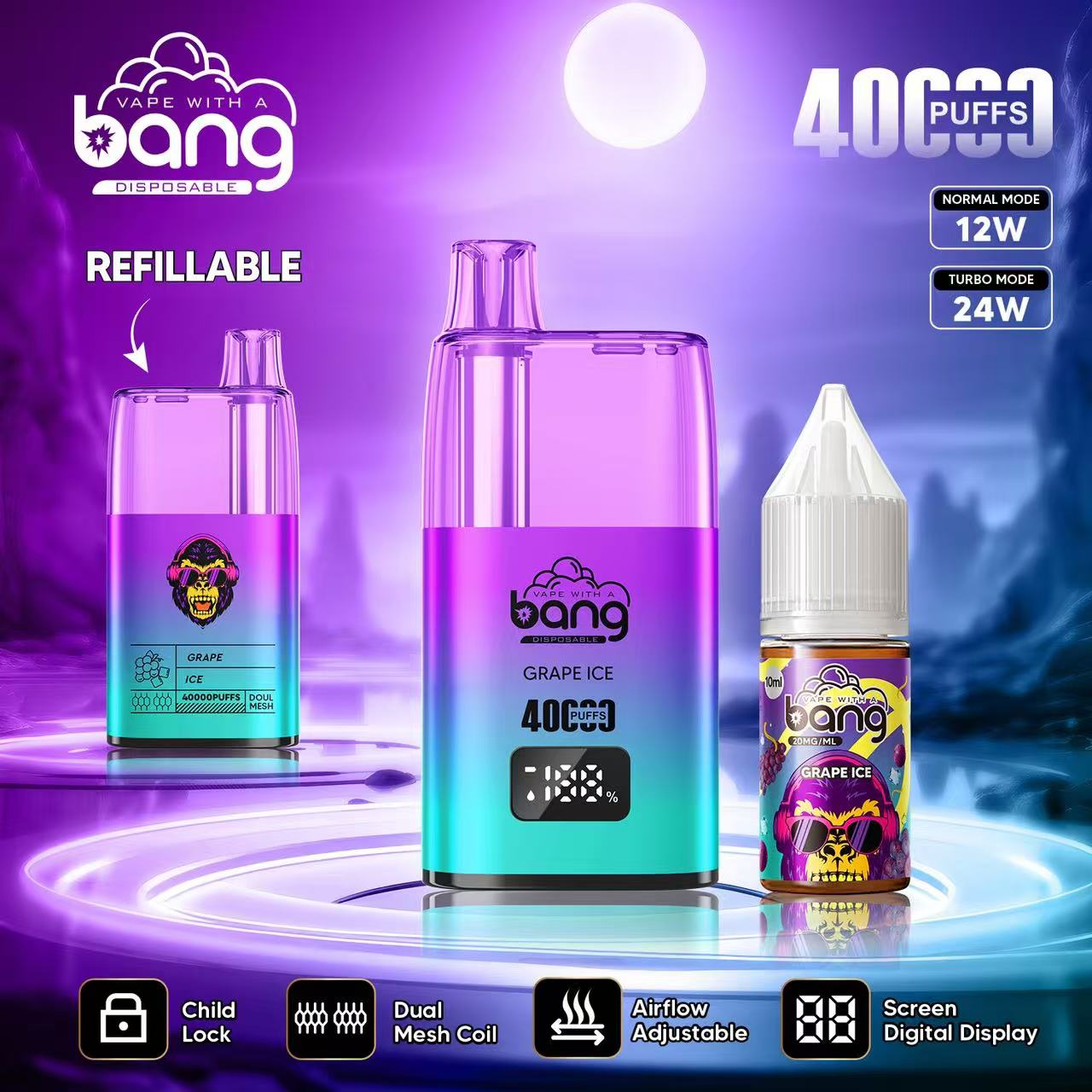 Bang 40000 40K Puffs LED Digital Display Screen Refillable Oil Vape in bang 40000 40k grape ice flavor