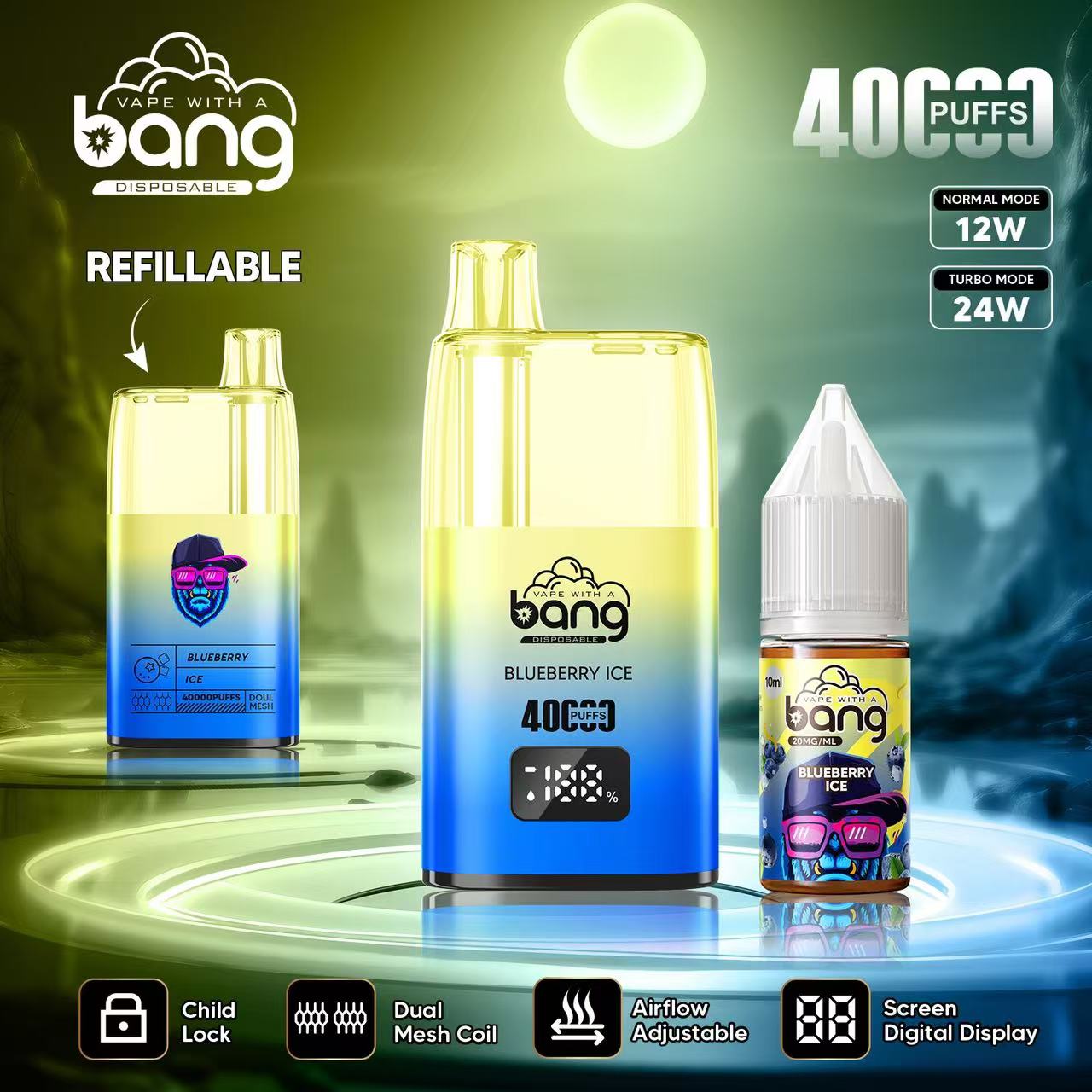 Bang 40000 40K Puffs LED Digital Display Screen Refillable Oil Vape in Blueberry Ice flavor