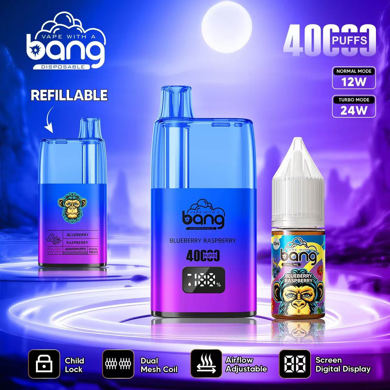 Bang 40000 40K Puffs LED Digital Display Screen Refillable Oil Vape in Blueberry Raspberry flavor