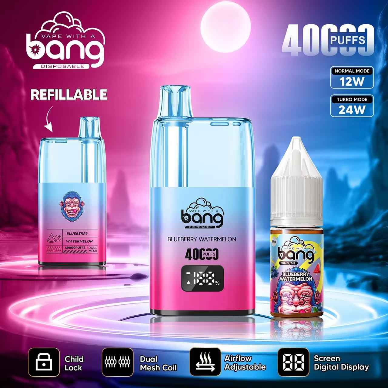 Bang 40000 40K Puffs LED Digital Display Screen Refillable Oil Vape in Blueberry Watermelon flavor