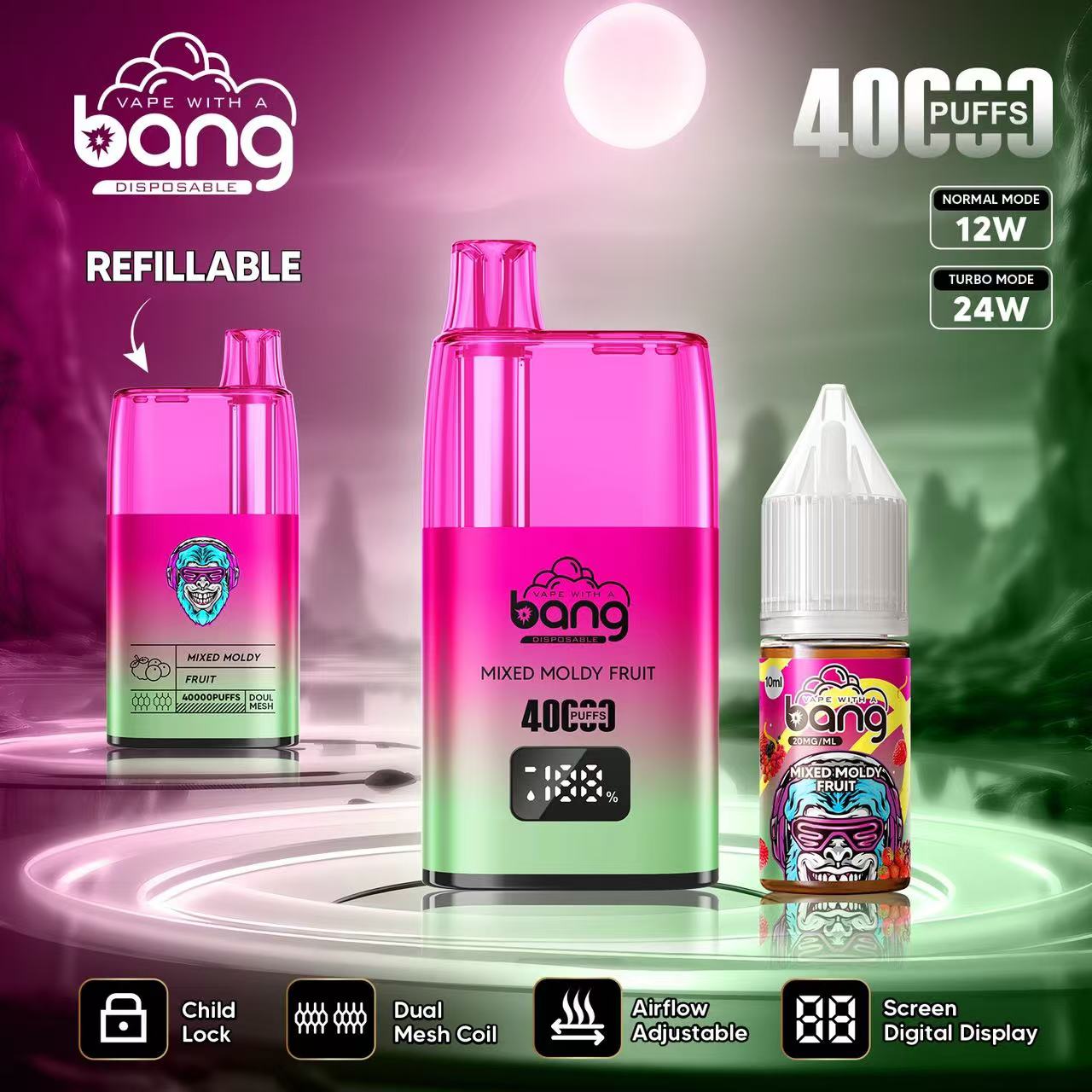 Bang 40000 40K Puffs LED Digital Display Screen Refillable Oil Vape in Mixed Moldy Fruit flavor