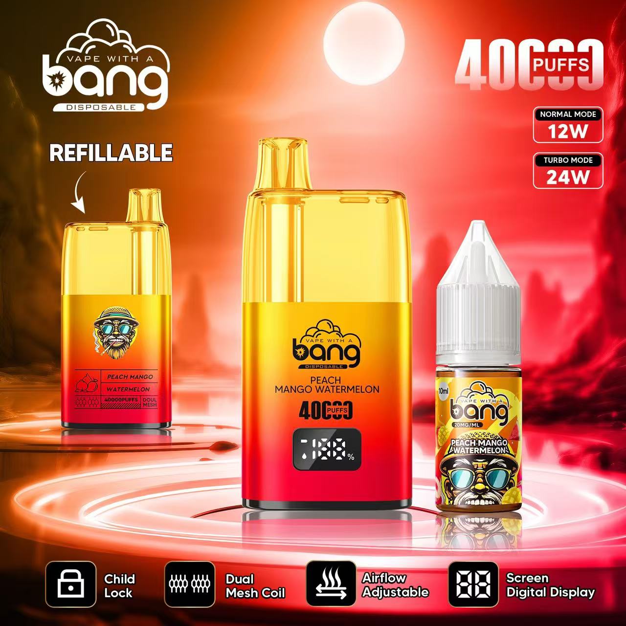Bang 40000 40K Puffs LED Digital Display Screen Refillable Oil Vape in Peach Mango Watermelon flavor