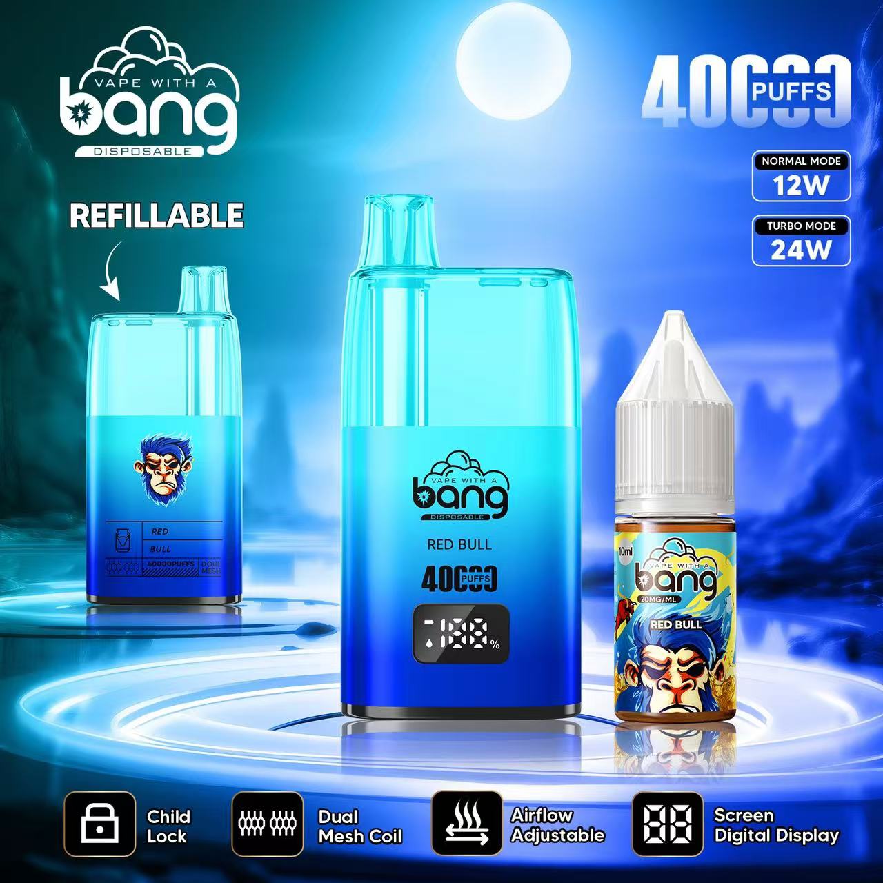 Bang 40000 40K Puffs LED Digital Display Screen Refillable Oil Vape in Red Bull flavor