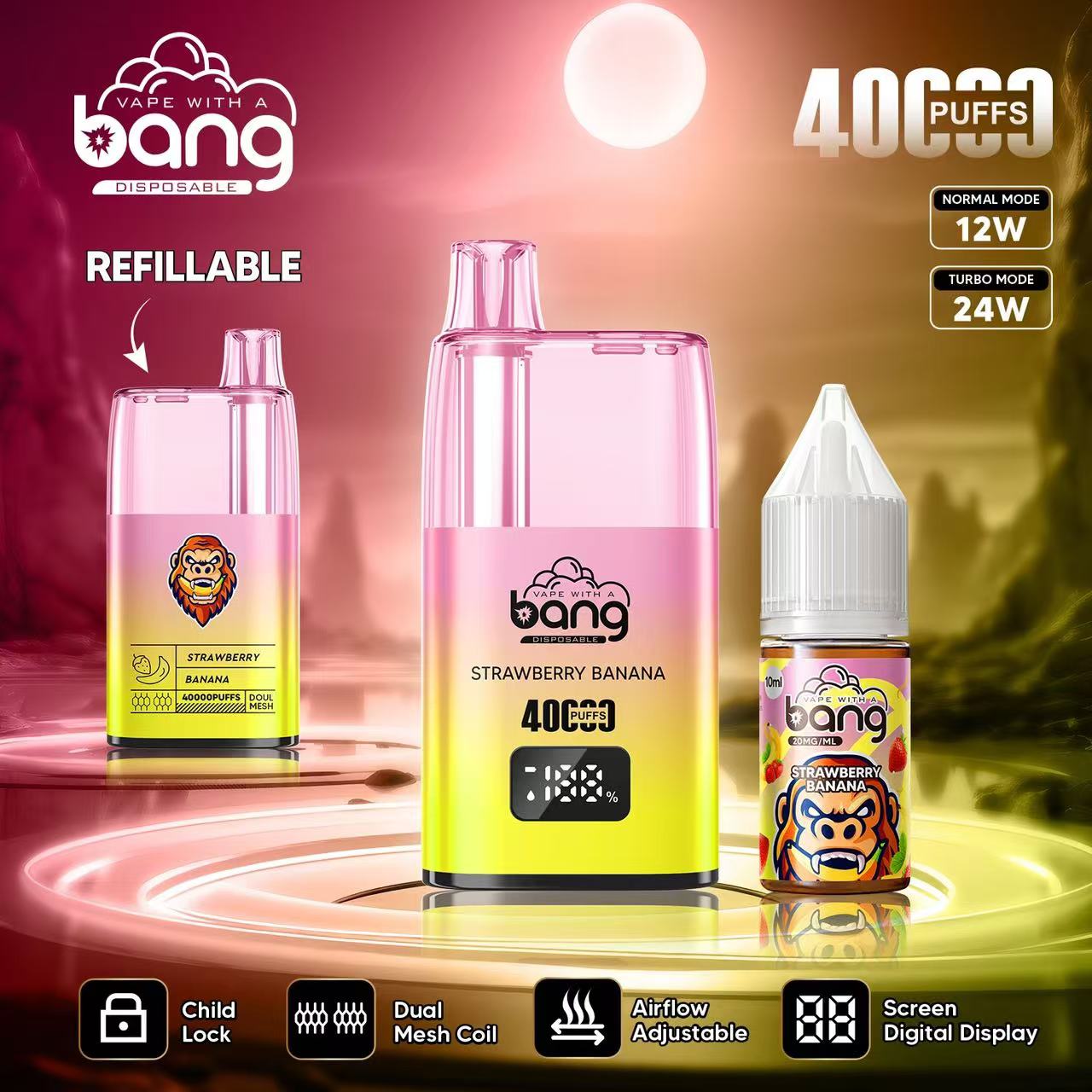 Bang 40000 40K Puffs LED Digital Display Screen Refillable Oil Vape in Strawberry Banana flavor