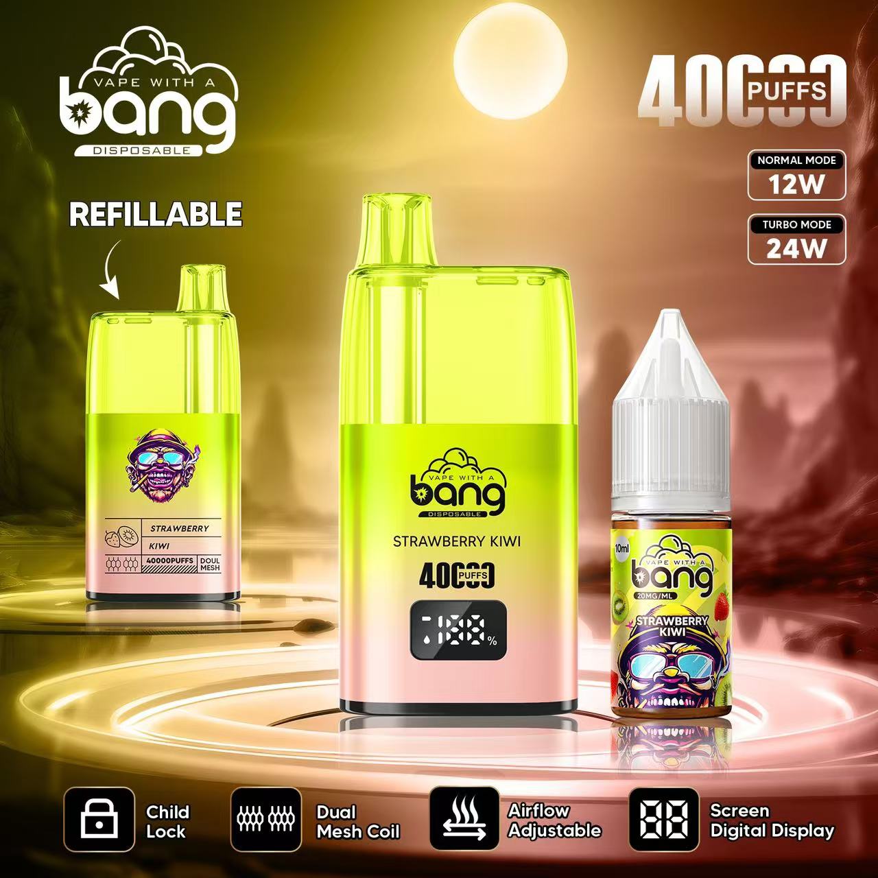 Bang 40000 40K Puffs LED Digital Display Screen Refillable Oil Vape in Strawberry Kiwi flavor
