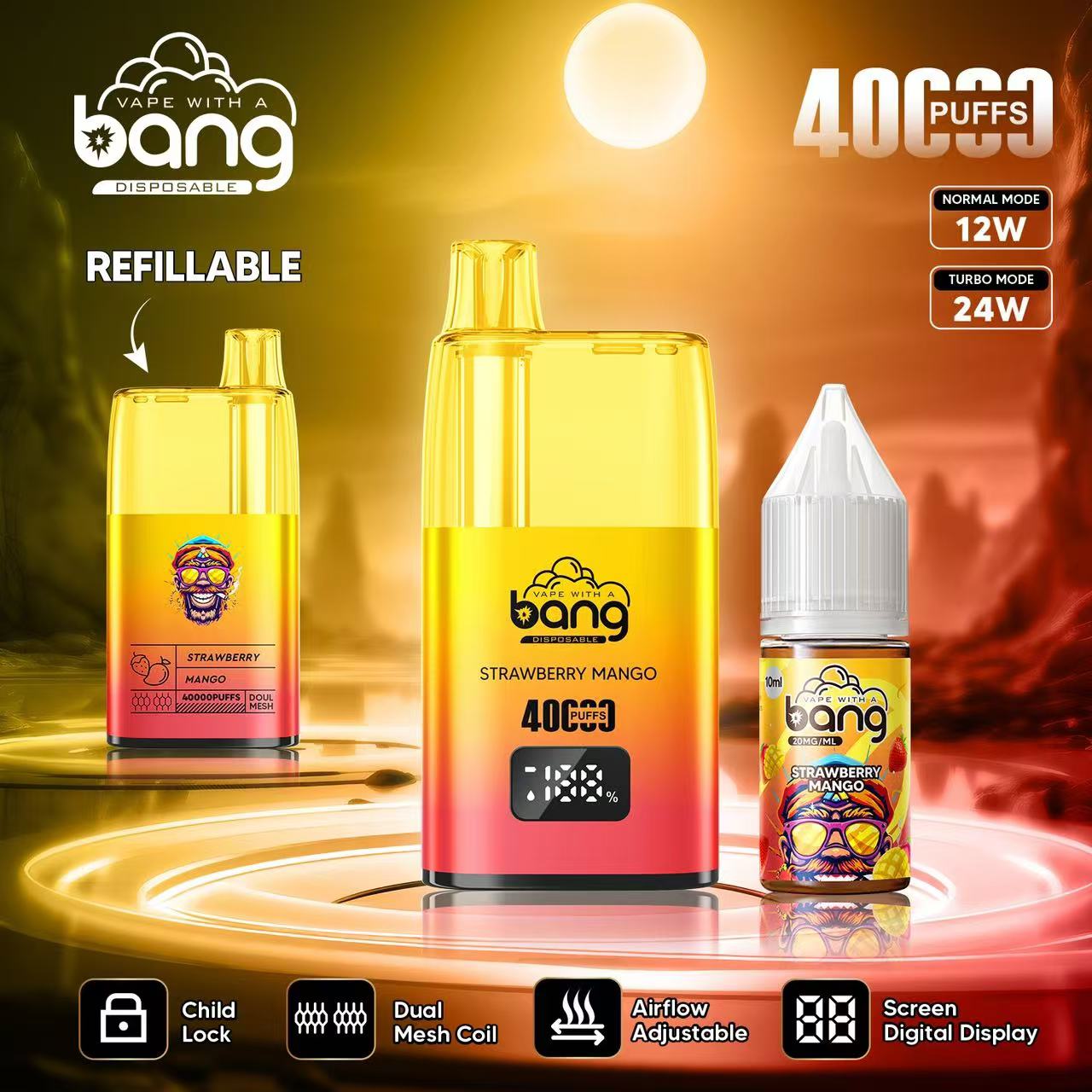 Bang 40000 40K Puffs LED Digital Display Screen Refillable Oil Vape in Strawberry Mango flavor