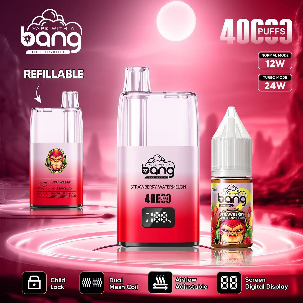 Bang 40000 40K Puffs LED Digital Display Screen Refillable Oil Vape in Strawberry Watermelon flavor