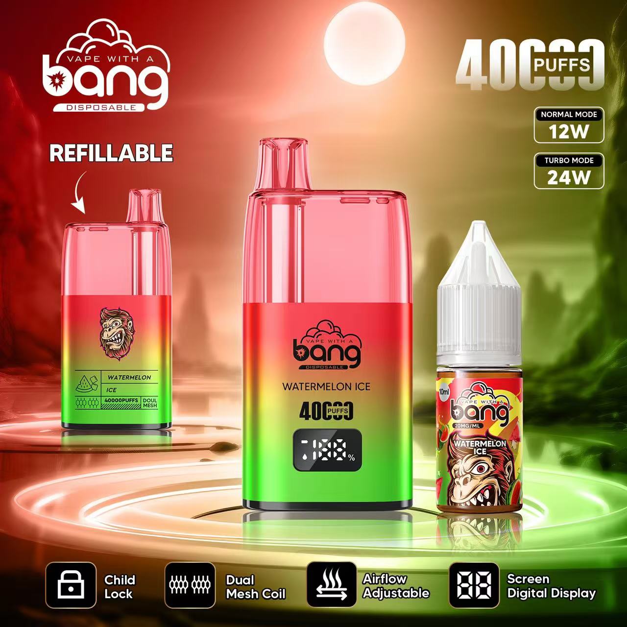Bang 40000 40K Puffs LED Digital Display Screen Refillable Oil Vape in Watermelon Ice flavor