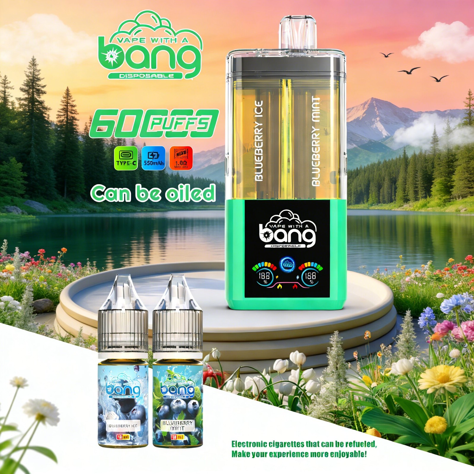 Bang 60K 60000 Puffs Dual Flavors Rechargeable Refillable Oil Vape in Blueberry Ice/ Blueberry Mint flavor