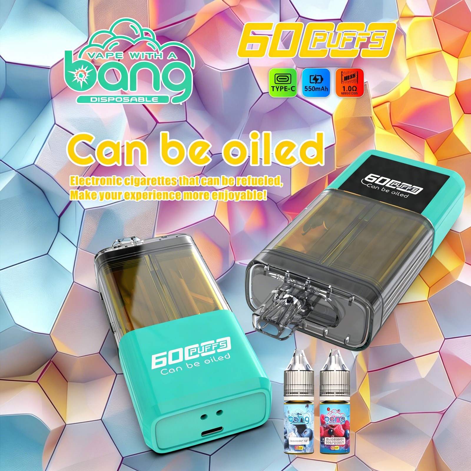 Bang 60K 60000 Puffs Dual Flavors Rechargeable Refillable Oil Vape in Blueberry Ice/Blueberry Raspberry flavor