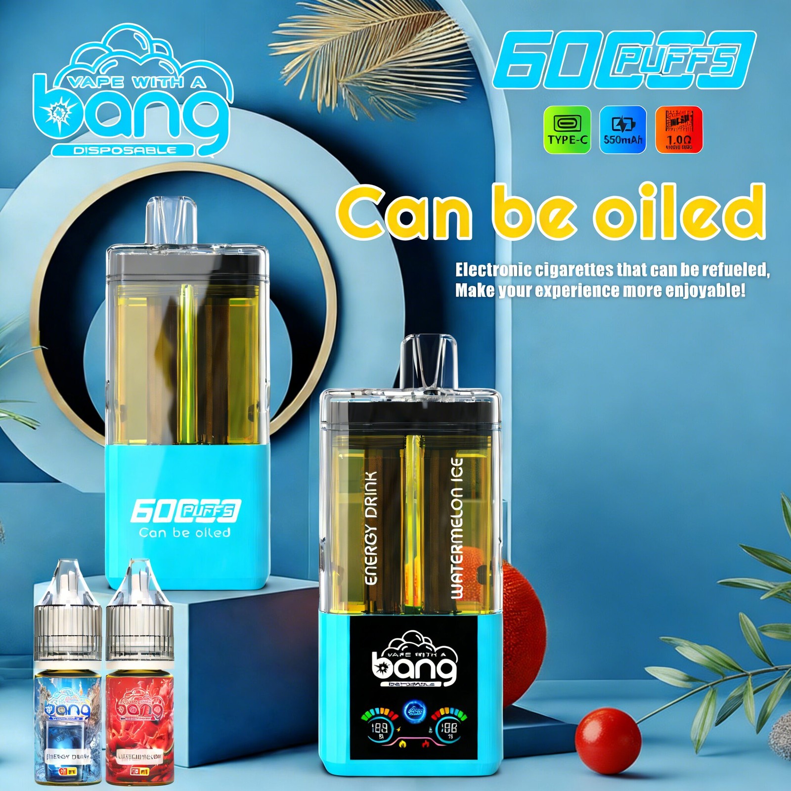 Bang 60K 60000 Puffs Dual Flavors Rechargeable Refillable Oil Vape in Energy Drink/Watermelon Ice flavor