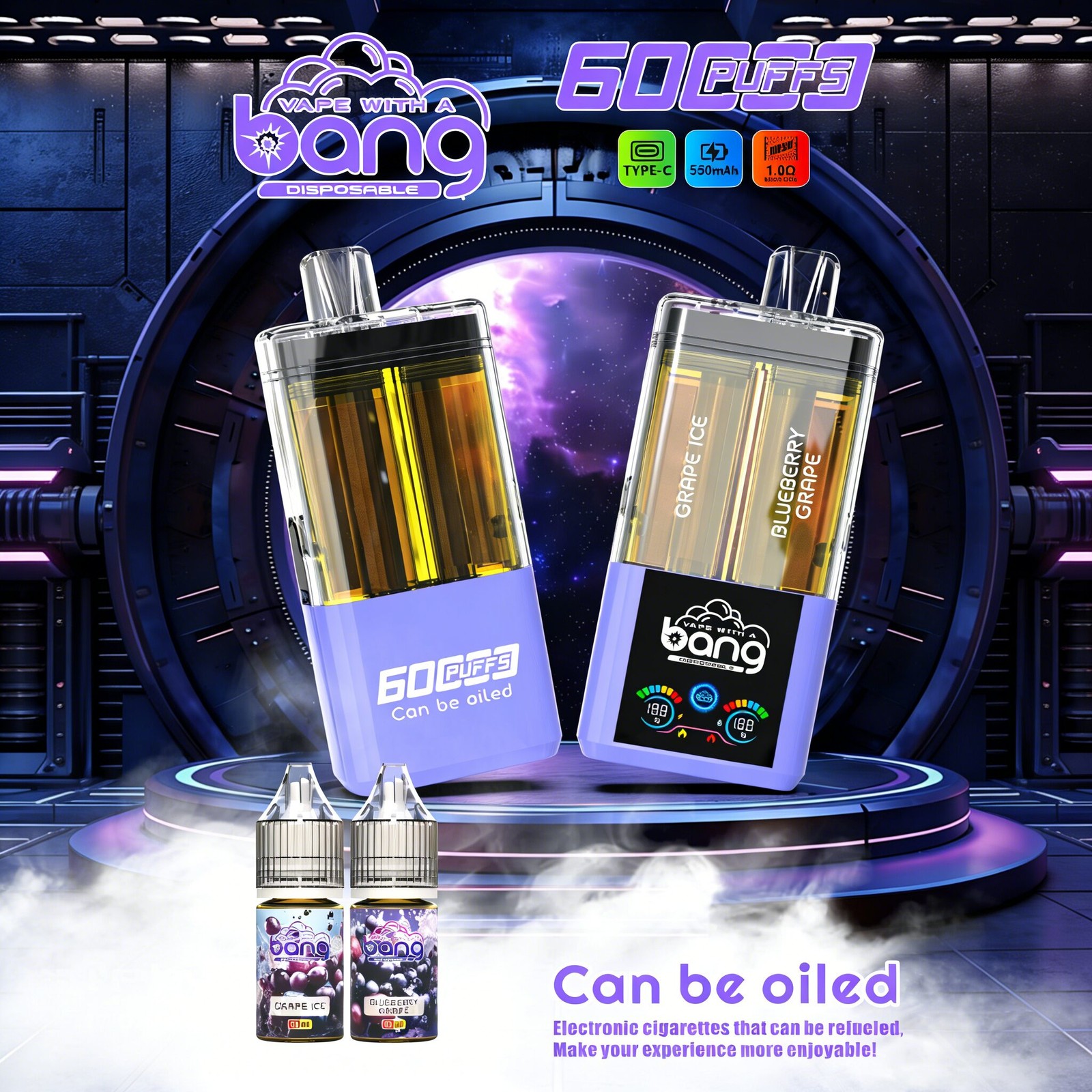 Bang 60K 60000 Puffs Dual Flavors Rechargeable Refillable Oil Vape in Grape Ice/Blueberry Grape flavor