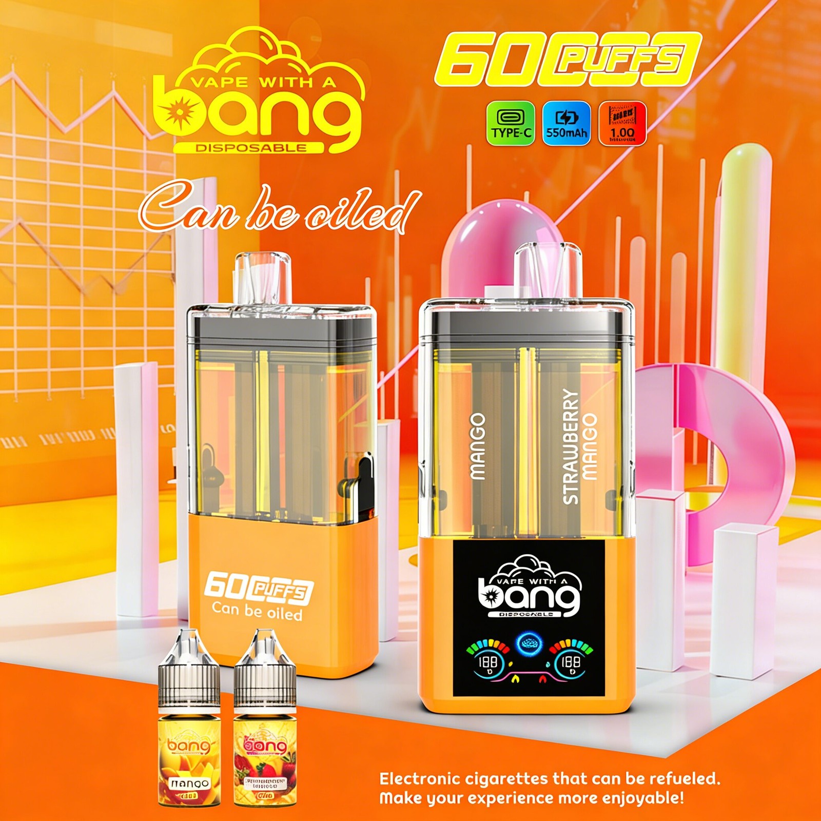 Bang 60K 60000 Puffs Dual Flavors Rechargeable Refillable Oil Vape in Mango/Strawberry Mango flavor
